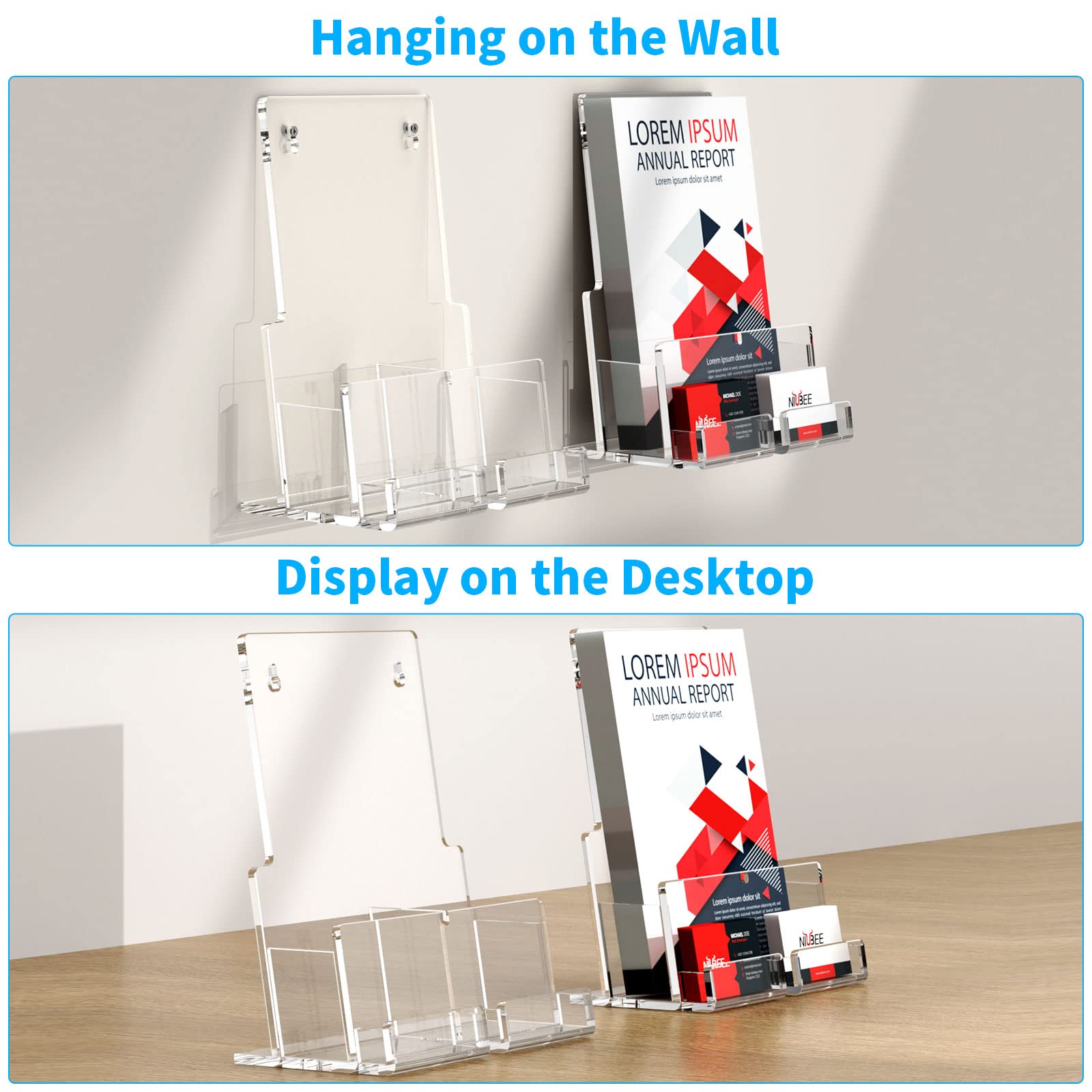 NIUBEE Soporte acrílico para folletos de 8.5 x 11 pulgadas, soporte transparente para folletos con soporte acrílico para tarjetas de visita, soporte de exhibición de folletos de plástico para