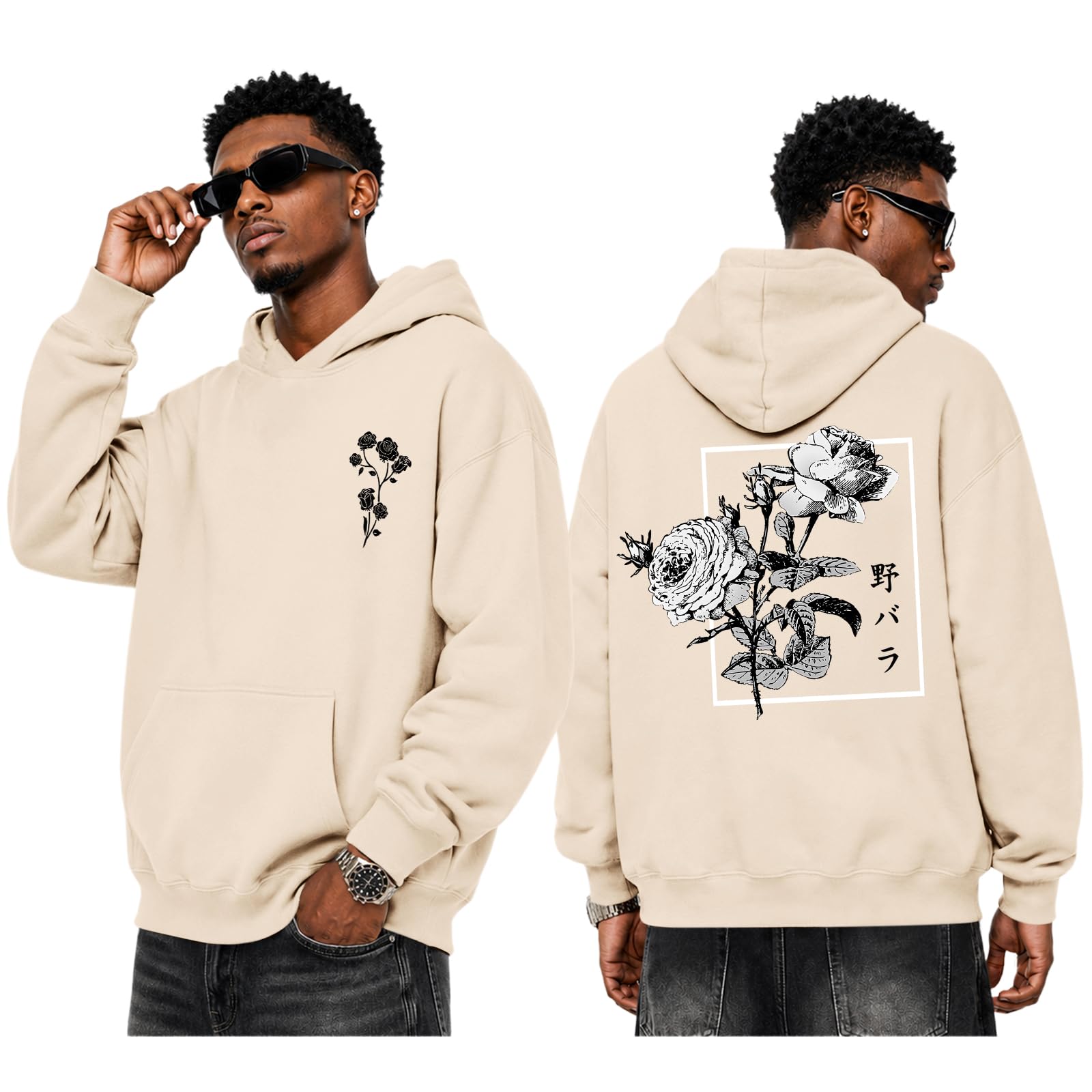 Japanese Graphic Hoodie for Men Vintage Floral Streetwear Harajuku Hoodies Fleece Sweatsh…
