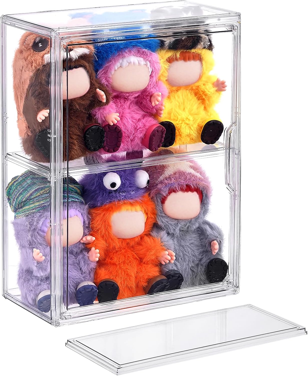 2 Pack Acrylic Display Case Compatible with Labubu POP MART, Clear Hobby Figure Display Case with Magnetic Door Stackable Storage Box 2 Shelves Showcase for Funko Pop MART Labubu Doll Collectibles