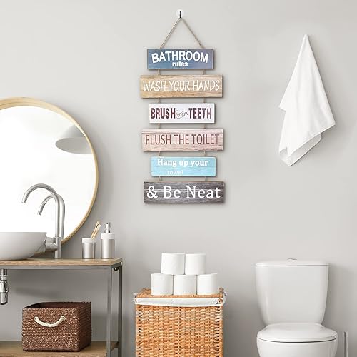 Miniatura 5 de HANTAJANSS Letreros de reglas de baño lindo letrero de reglas de inodoro de granja divertido letrero de arte de pared de madera para ayudar a