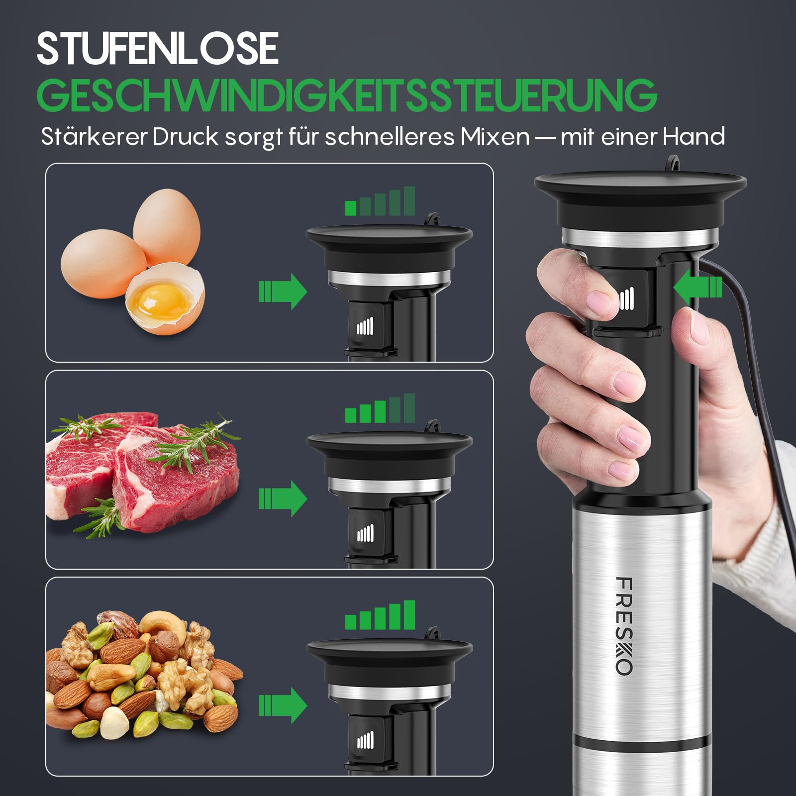 FRESKO Stabmixer 1000W mit Zubehör-Set, Stufenlose Geschwindigkeitsregelung | Pürierstab Edelstahl, Schneebesen inkl., 500ml Lebensmittelhacker, Messbecher mit Deckel & Schutzhülle