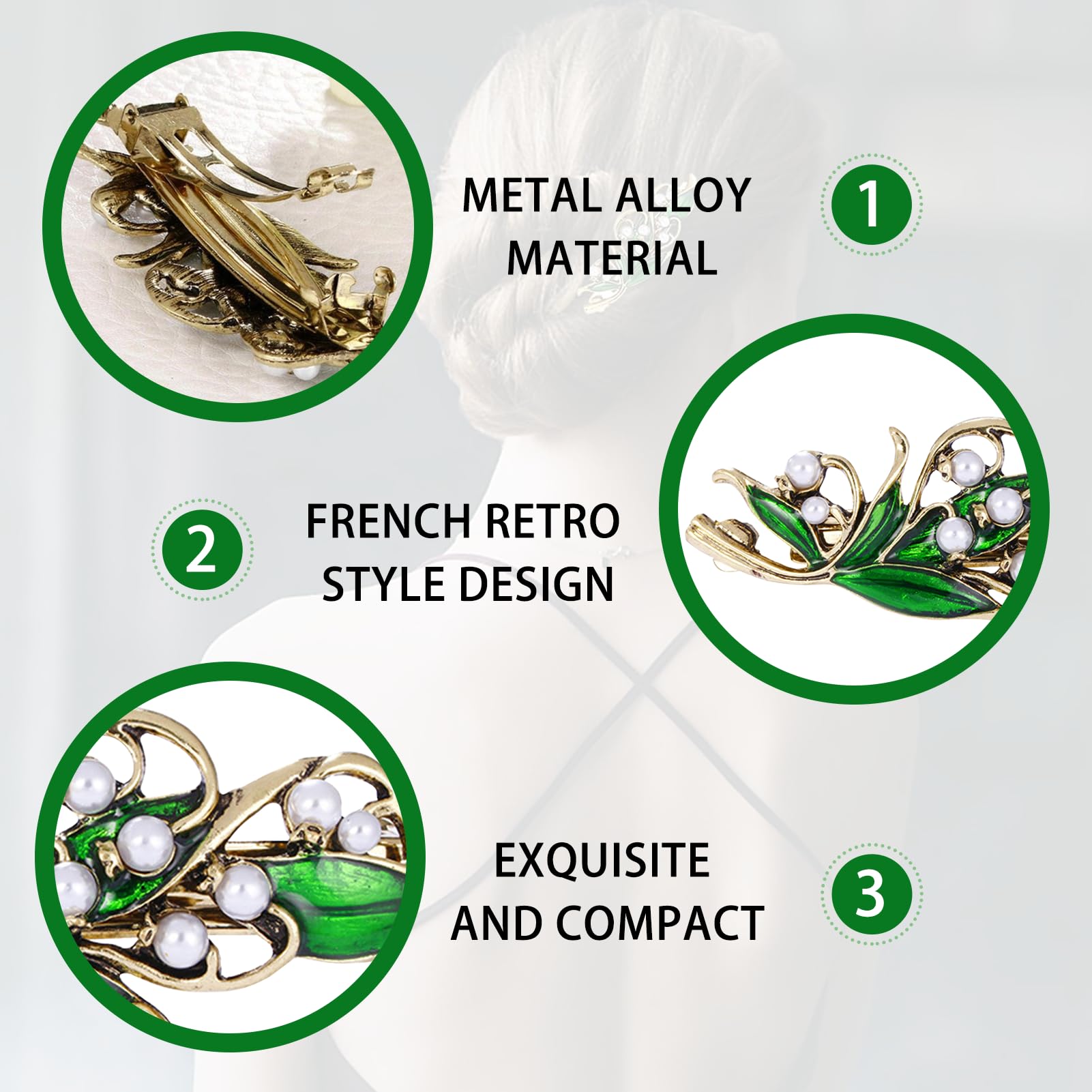 2Pcs Green French Vintage Leaf Hair Clip, Antique Metal Pearl Hair Barrettes for Women Green Hair Accessories - Image 3