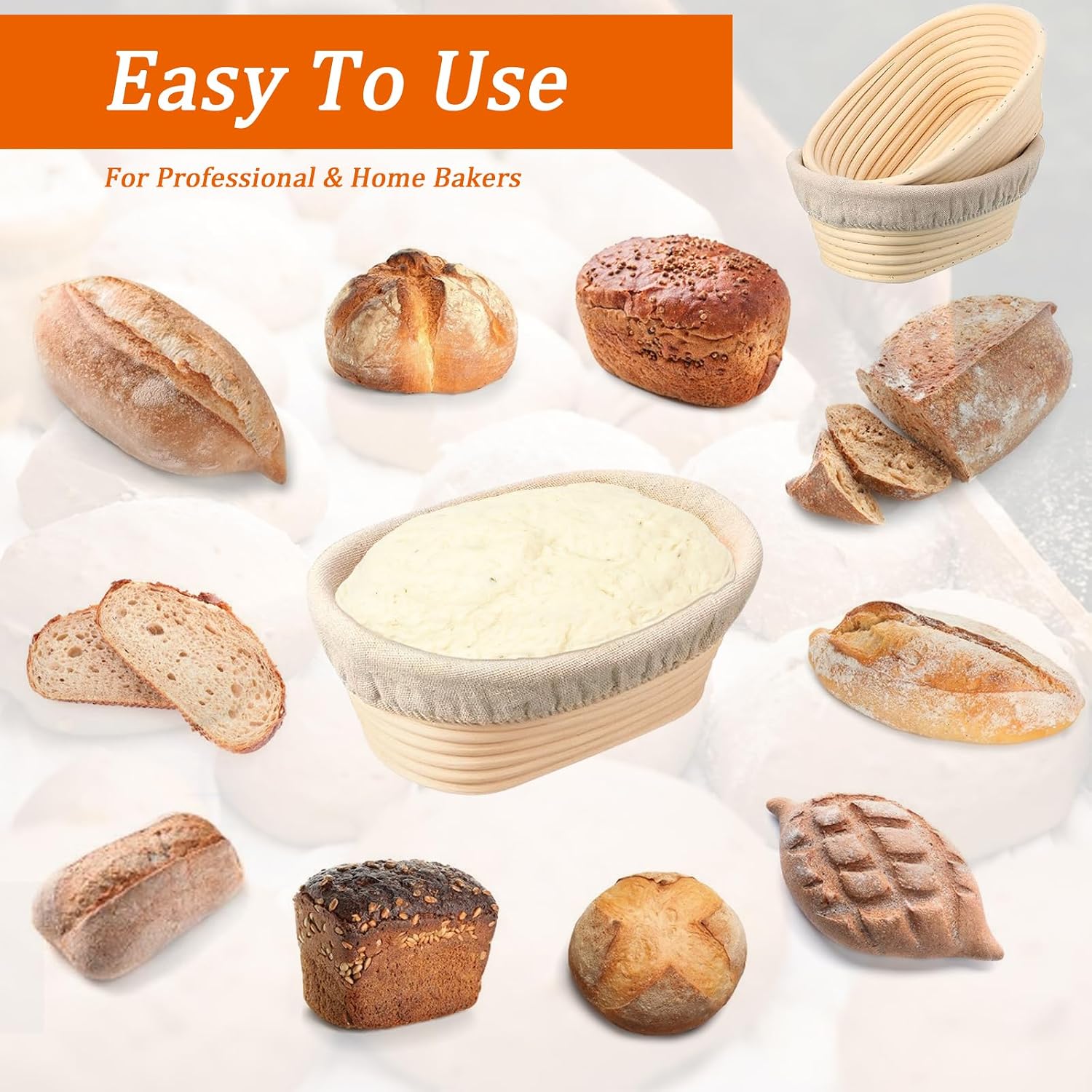 5 Pack Oval Banneton Proofing Basket Set 6 Inch, Natural Rattan Sourdough Bread Baskets with Linen Liners, Mini Dough Baking Bowls for Artisan & Home Bakers (6" Oval, Set of 5)