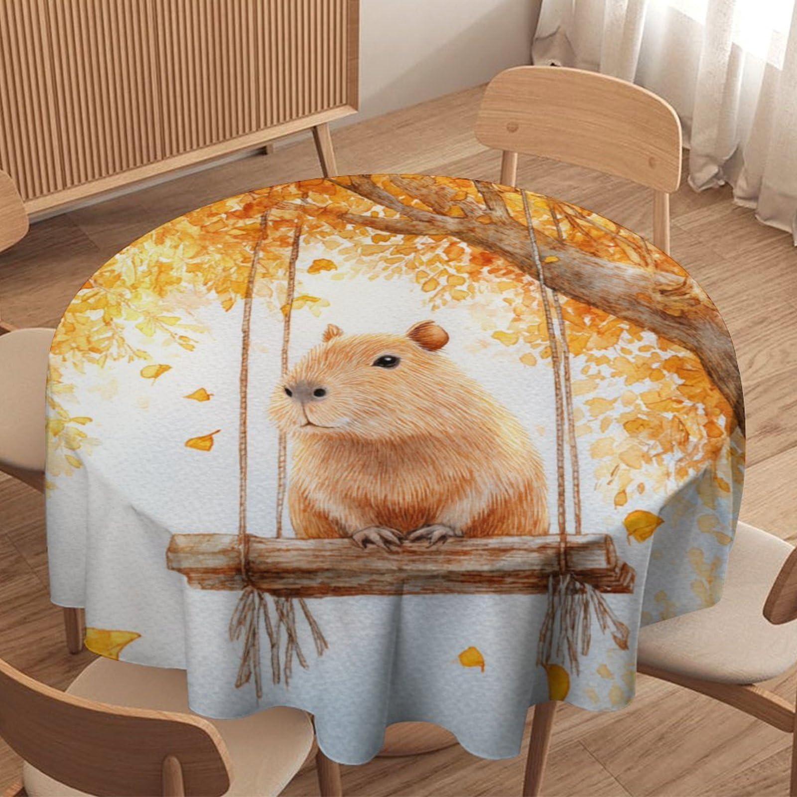 LUYYSKY Funny Abstract Capybara Round Tablecloth Beautiful Realistic Fall Maple Trees Animals Capybaras Pattern Washable Decor for Table Cover for Kitchen-152.4" Wx152.4 L cm