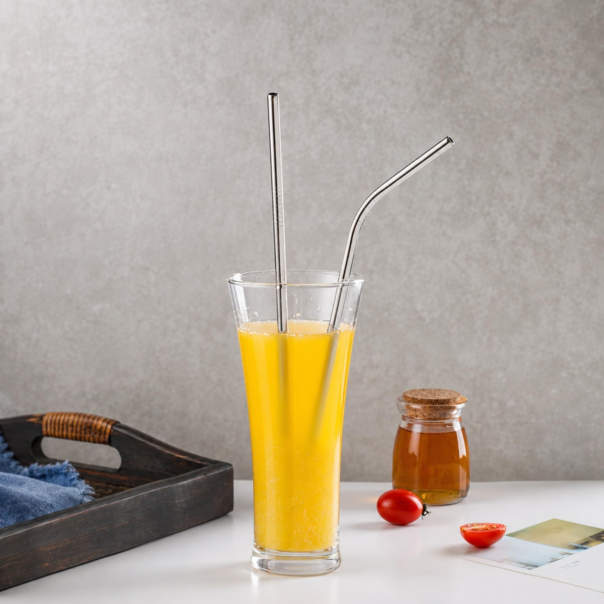 Calessier 6’lı Metal Pipet Seti, Temizleme Fırçalı Düz ve Kavisli Tekrar Kullanılabilir Pipet, Smoothie Milkshake Kokteyl ve Soğuk İçecekler İçin Modern Metal Pipet