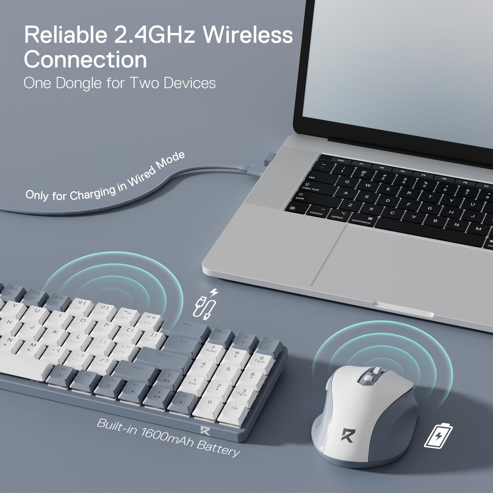 Redragon BS135 Kabellose Tastatur- und Mauskombination, 75% 78 Tasten 2,4 GHz mechanische Tastatur mit niedrigem Profil, wiederaufladbare Batterie, blaues Schwarzlicht, ergonomische Maus mit 2400 DPI