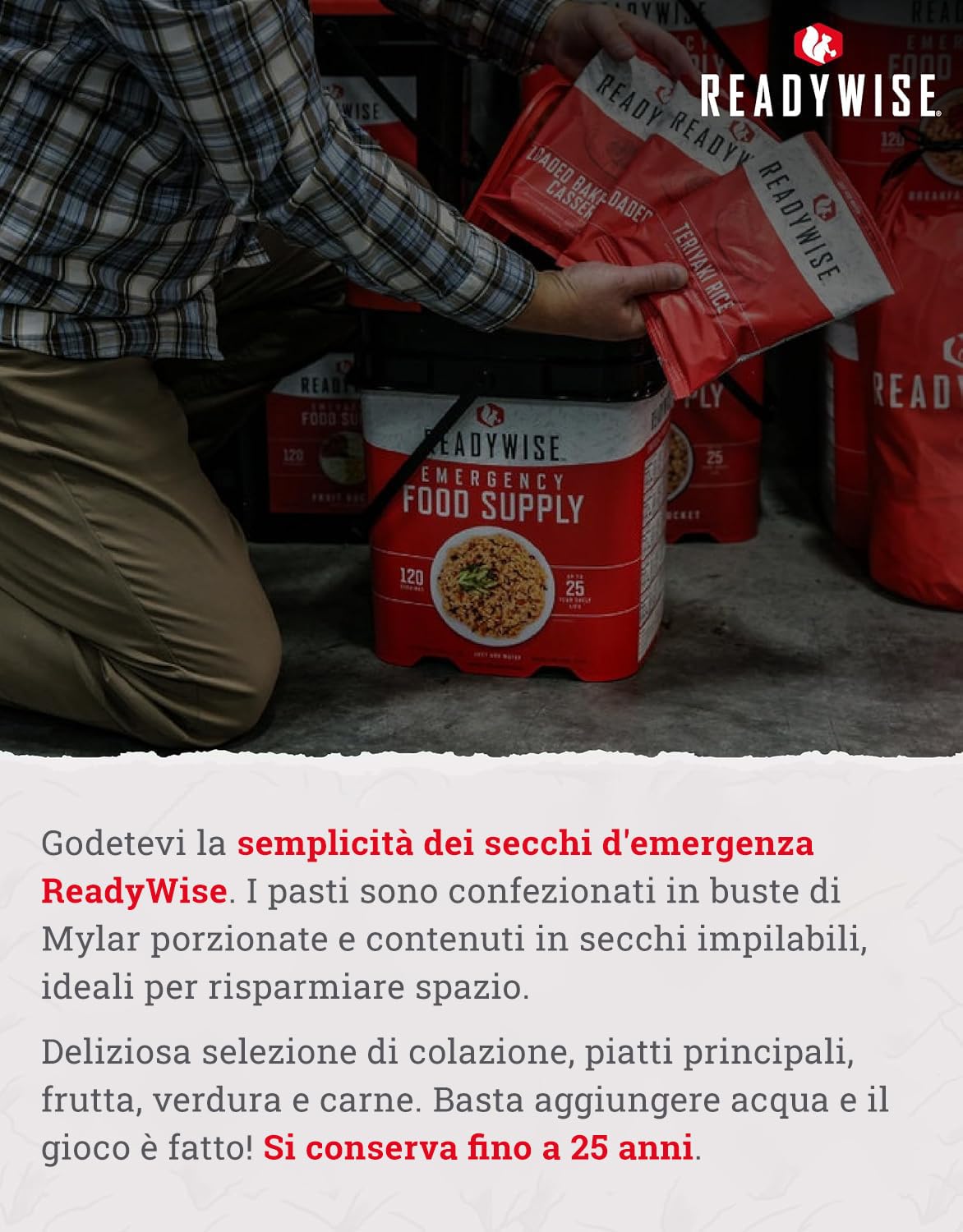 ReadyWise, 60 porzioni, colazione, pranzo e cena, borsa asciutta Grab & Go, liofilizzato, fino a 25 anni di conservazione, cibo d’emergenza
