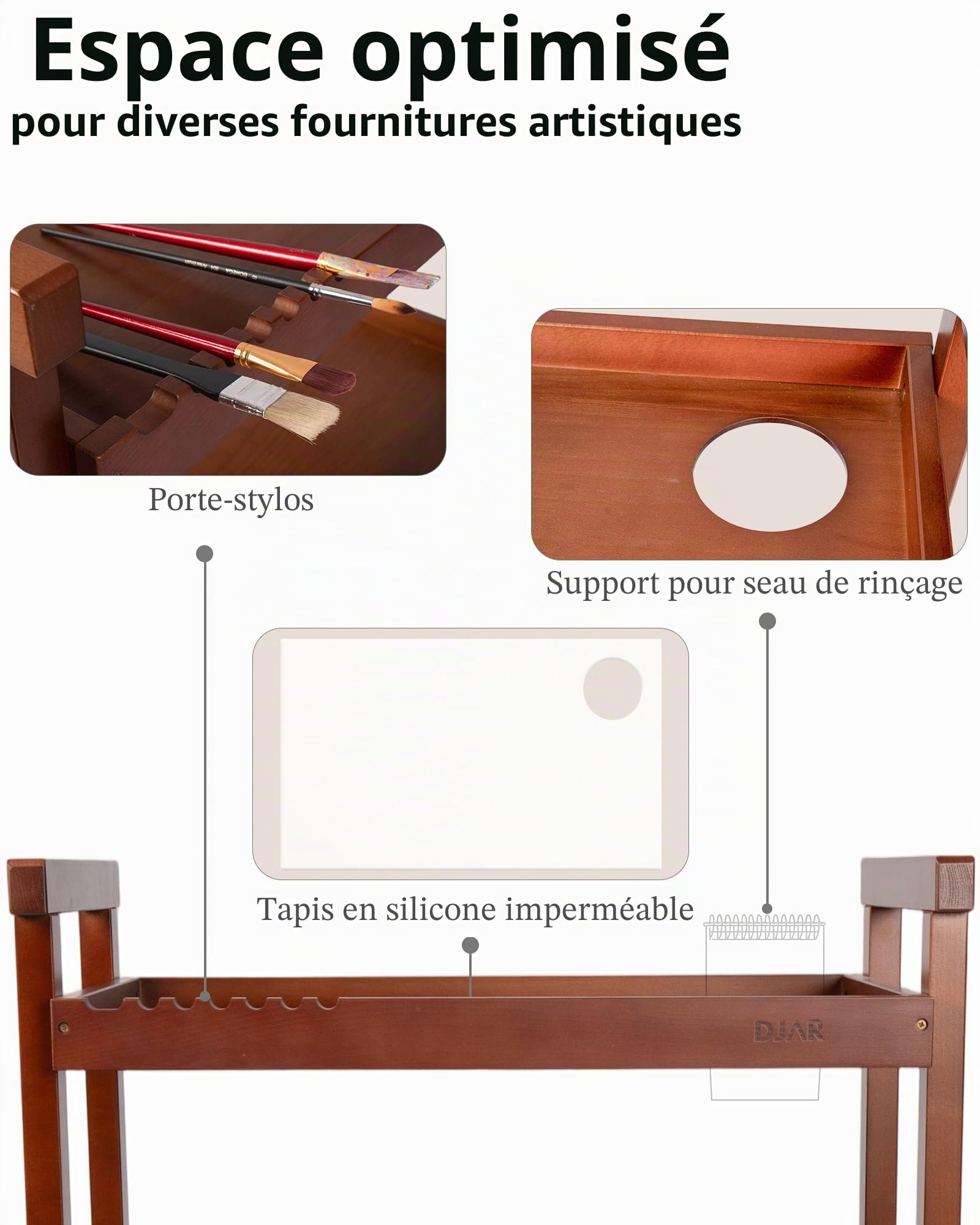 DJAR Chariot de Rangement pour Matériel d'Art, Desserte à 3 Niveaux en Bois de Hêtre Massif avec Roulettes, Chariot Utilitaire pour Artistes, Noyer (Amélioré)