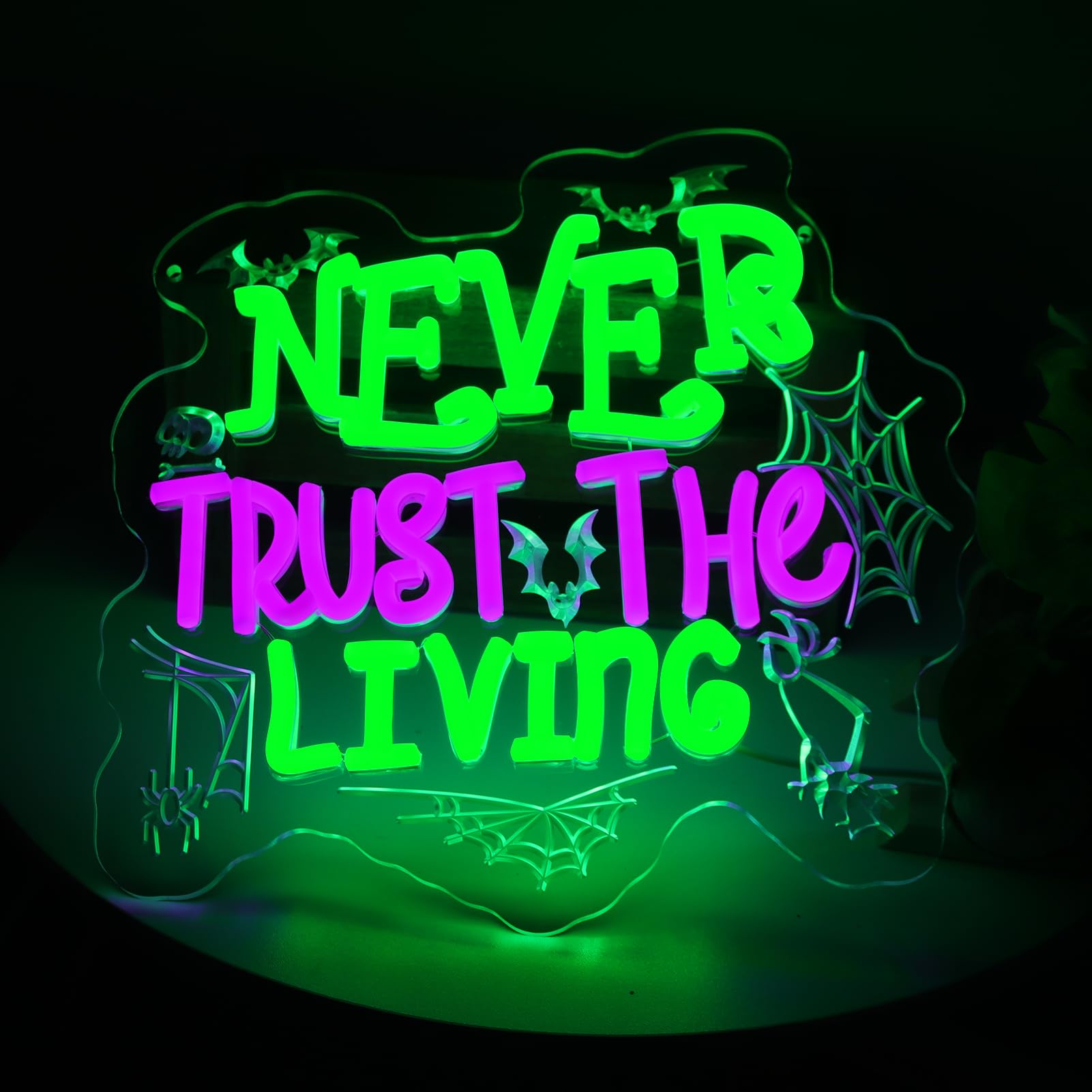 KODGGHK Never Trust the Living Neon Signs for Wall Decor, Halloween Decor Neon Sign, LED Light up Sign with Dimmable Switch for Bedroom Man Cave Beer Bar Club Game Room Halloween Party Gifts