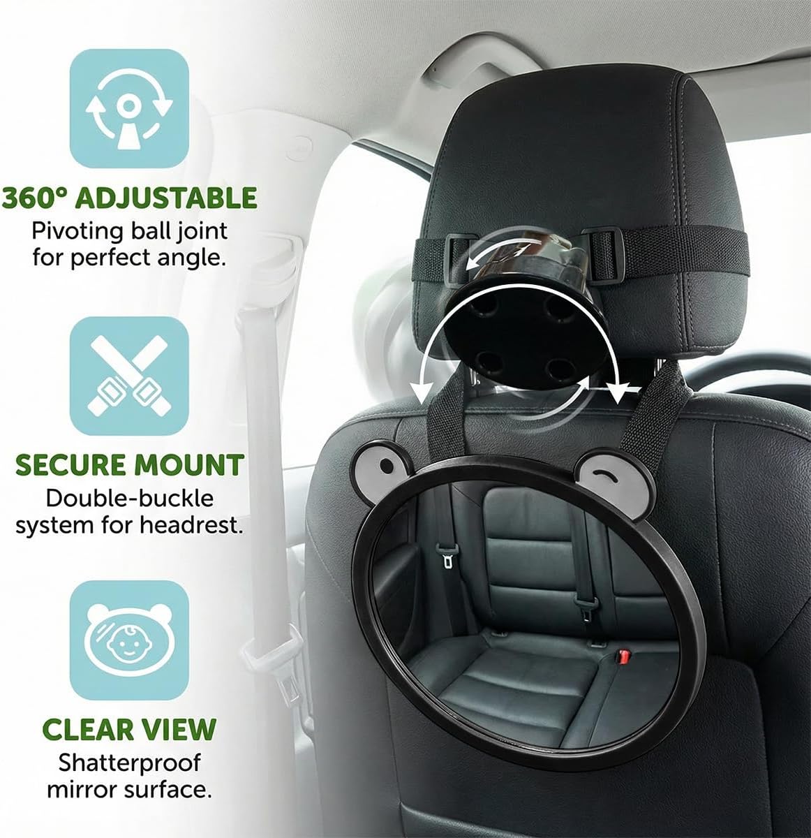 Craedli Baby Car Mirror for Backseat, 360° Adjustable Shatterproof Safety Car Seat Mirror for Rear Facing Infant, Clear Wide View Baby Mirrors Travel Essential Accessories (Black)