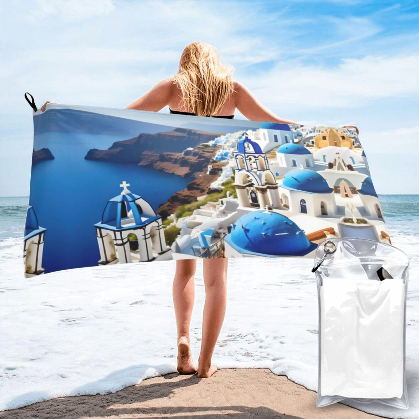Nimongt Men's White Greek Island Sea View Print Adult Towel Travel Gym Beach Hiking Yoga Camping Lightweight Quick Dry Versatile
