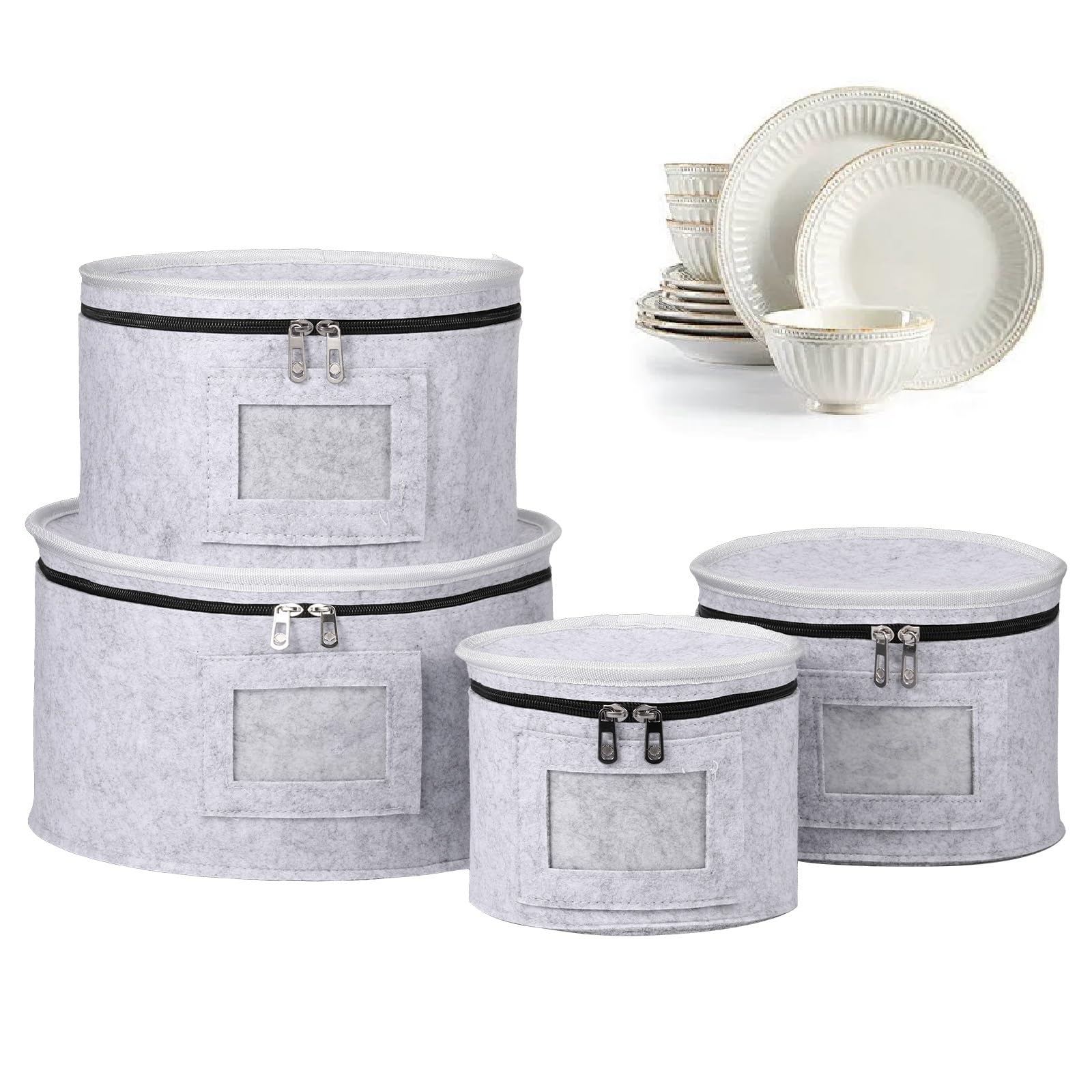 YUNYOUC 4Pcs Felt Cloth China Storage Case With Dividers, Large Capacity Stackable Plate Container, Non Slip Double Zippers Dessert Plate Storage Case for Transport Moving
