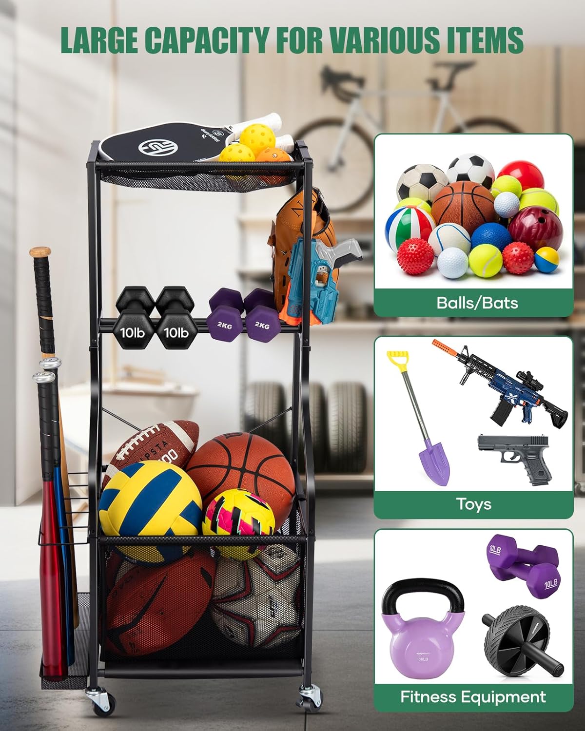 EXTCCT Sports Equipment Garage Organizer - Rolling Ball Storage with wheels, 3-Tier Sports gear Storage Rack Indoor & Outdoor Balls Cart with Hooks for Home, Garage (Black)