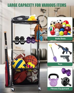 EXTCCT Sports Equipment Garage Organizer - Rolling Ball Storage with wheels, 3-Tier Sports gear Storage Rack Indoor & Outdoor Balls Cart with Hooks for Home, Garage (Black)