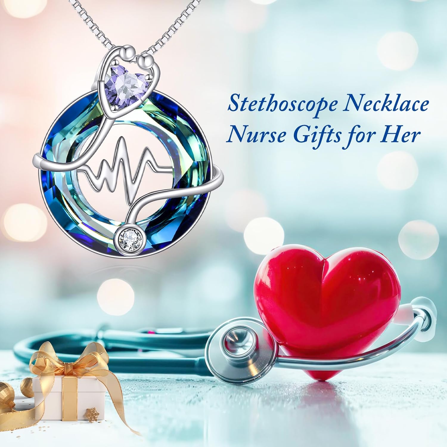TOUPOP Nurse Gifts for Women Sterling Silver 12 Months Birthstone Stethoscope Pendant Necklace with Crystal Nurses Day Valentines Day Gifts Medical Jewelry for Doctor Nurse Student(With 925 Sterling Silver Box Chain) - Image 2