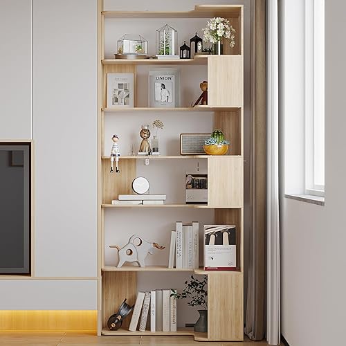 Miniatura 4 de Hitow Estantería de madera de 6 niveles, estantería geométrica en forma de S, estante de almacenamiento independiente de 81.9 pulgadas de alto,