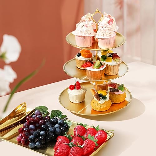 Miniatura 3 de Juego de 6 soportes dorados para cupcakes, juego de exhibición de mesa de postres de acero inoxidable, 2 soportes para pasteles de 3 niveles, 2