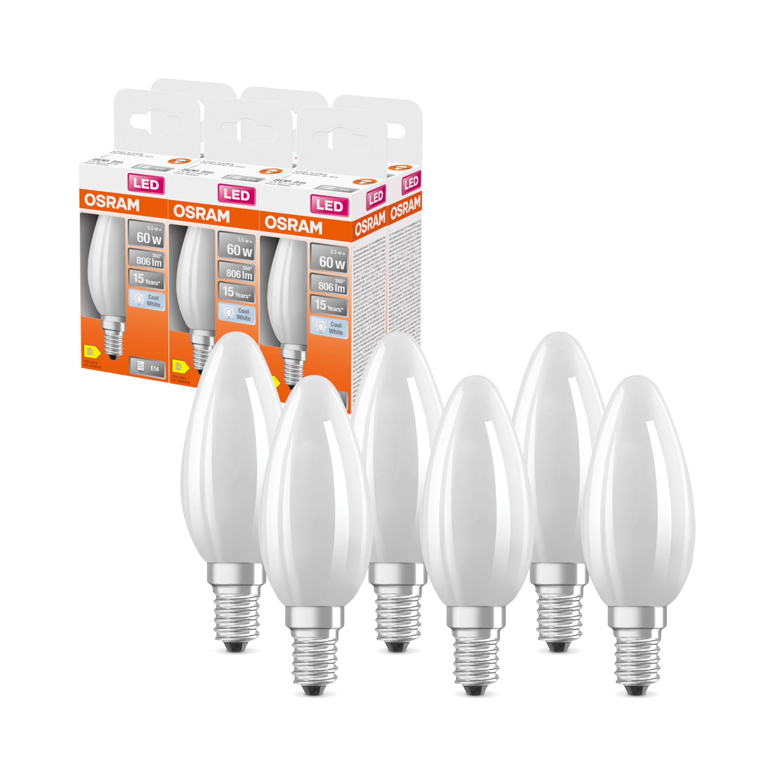 OSRAM LED Star Klasyczna lampa LED w klasycznym kształcie mini świecy, białe, zimne białe światło (4000 K) o mocy 5,5 W / 806 lm, wykonana z matowego szkła bezołowiowego, trzonek E14, IP20, EEK D,