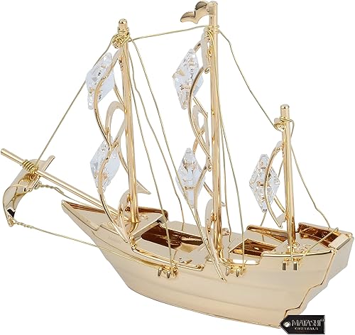 Miniatura 4 de Matashi Adorno de barco de mayflower altamente pulido chapado en oro de 24 quilates, figura con tachuelas de cristal, pieza de exhibición de mesa