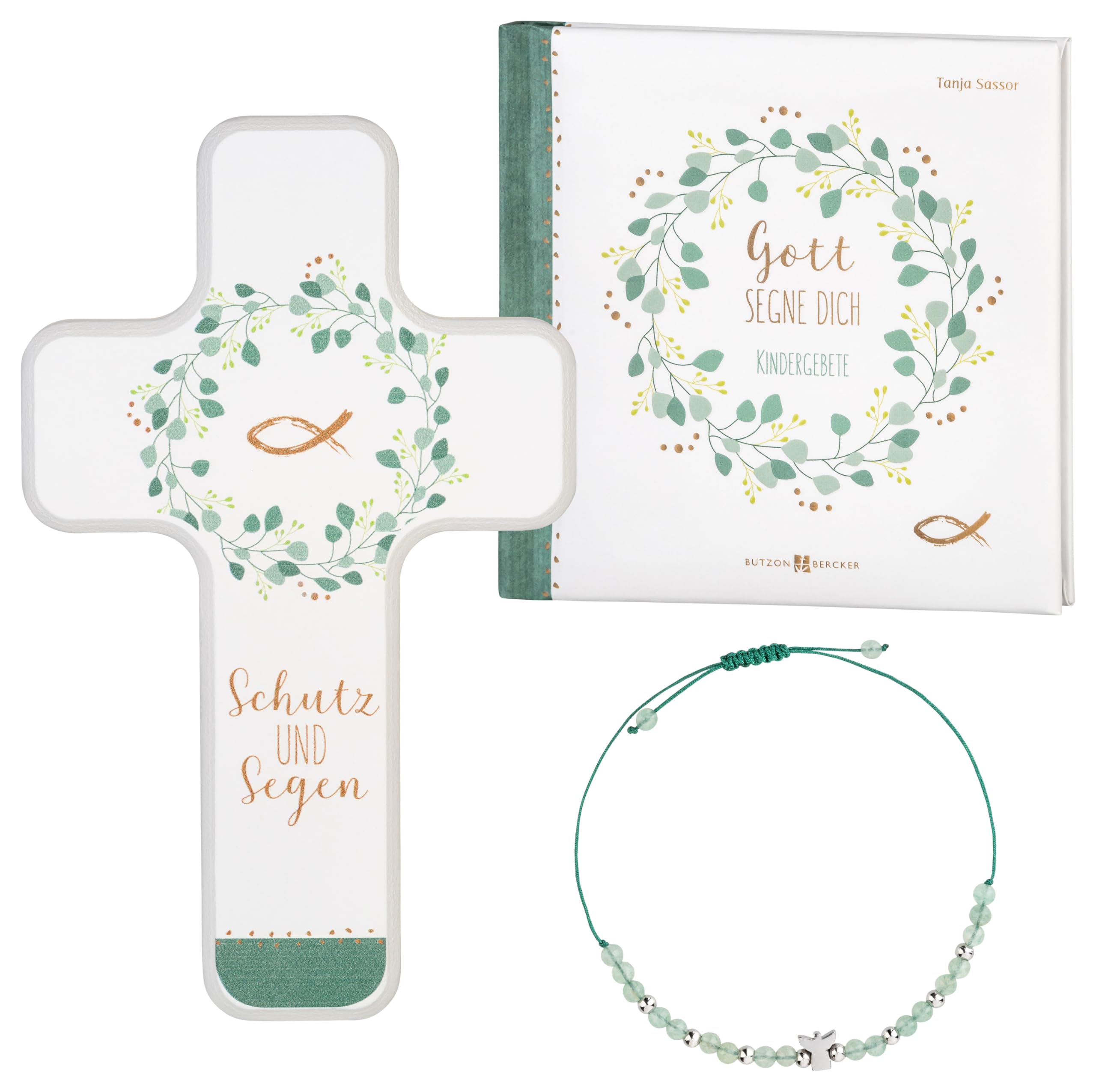 MaMeMi Set regalo per comunione ragazza: con croce in legno "Protezione e benedizione", libro e bracciale con perle di avventurina e angelo, elegante regalo per la comunione, marchio di qualità