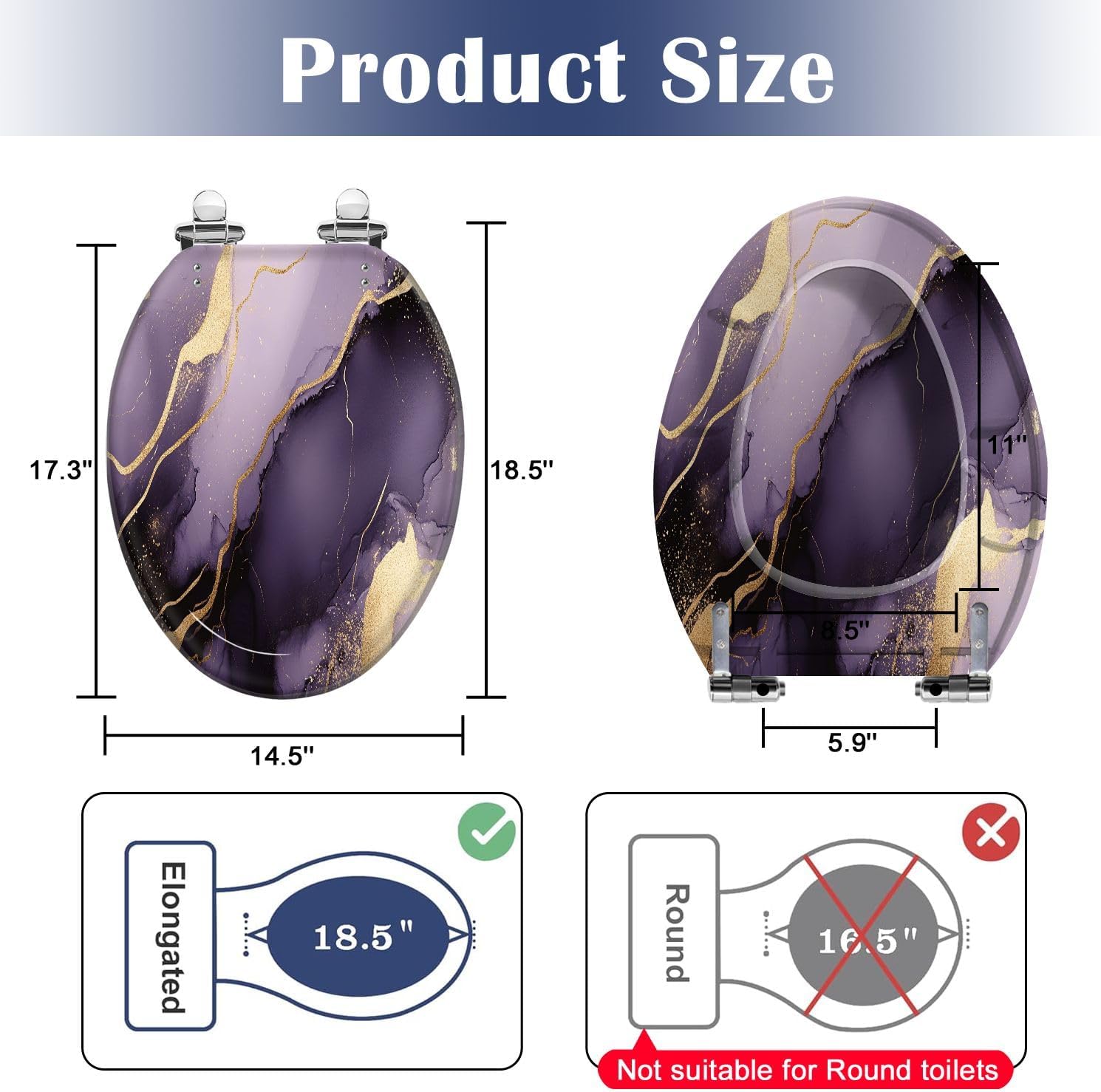 Elongated Toilet Seat Purple marble gold stripes alcohol ink Luxury violet black watercolor Resin Toilet Seat Slow Quiet Close Lid with Quick-Release Hinges Cover Bumpers Easy to Clean Install