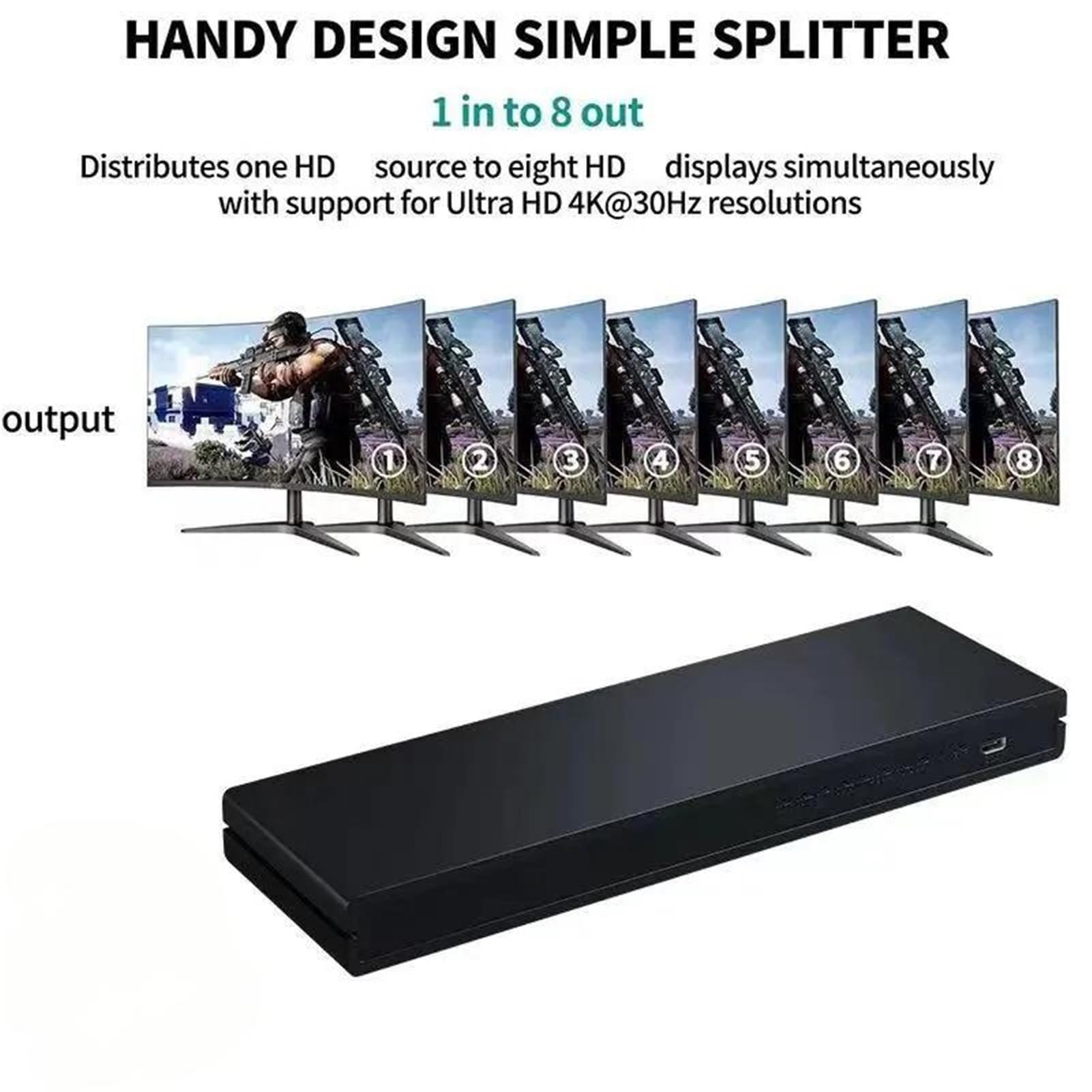Convertitore Video Splitter 1x8 a 8 Porte Compatibile con HDMI 4K@30Hz, 1 Ingresso, uscite, for PC, Laptop, Dvd, proiettore, TV con Ampia compatibilità, Facile da configurare