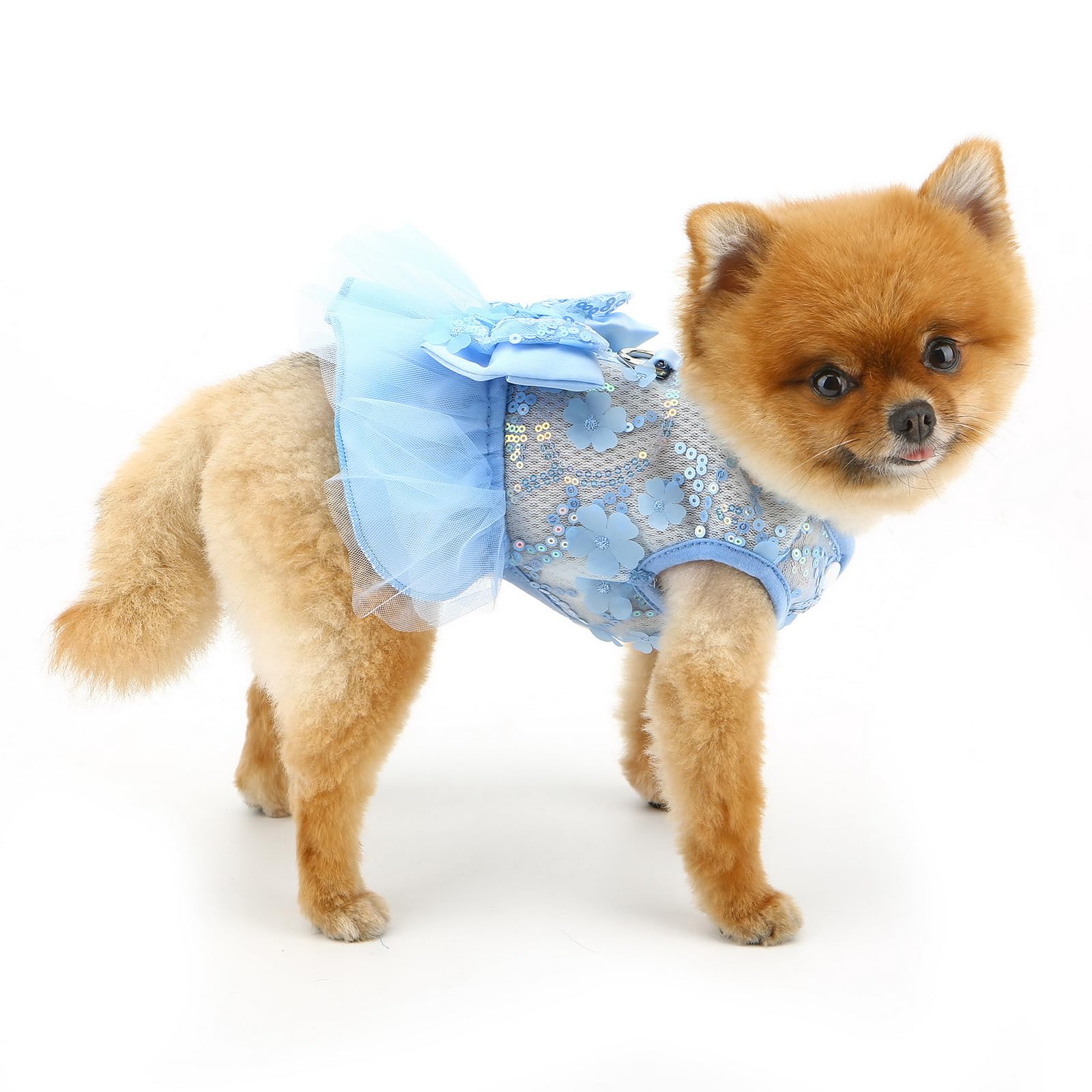 PAIDEFUL Dog Dress,Luxury Bow Princess Tutu Dresses for Girl Dogs Cute Fashion Mesh Pet Skirt with Sequins Flower Cat Puppy Clothes Wedding Party Outfits Chihuahua Apparel Button up D-ring,Blue,M - Image 3