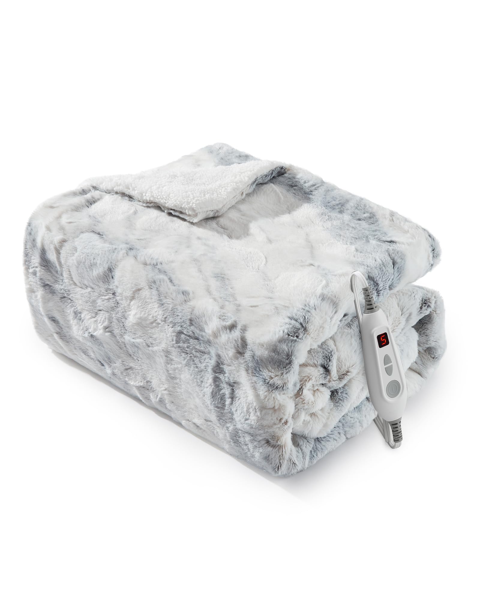 LinTimes Heated Blanket, Faux Fur Electric Throw Blanket with 6 Heat Settings & 10H Auto-Off, Washable Heated Throw Blanket for Sofa Couch, Soft Fleece Blanket,130 x 160 cm, Marbled White