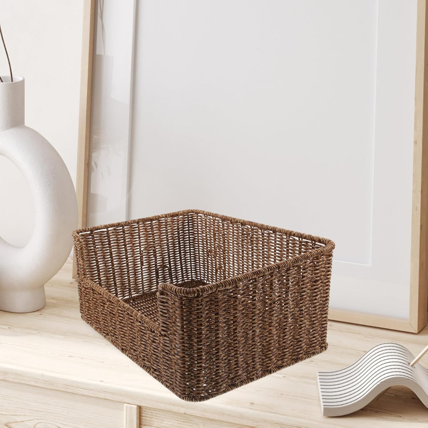 Zerodeko Rattan Woven Storage Basket Sundry and Book Organizer Dark Color Decorative Shelf Basket for Home and Office Storage