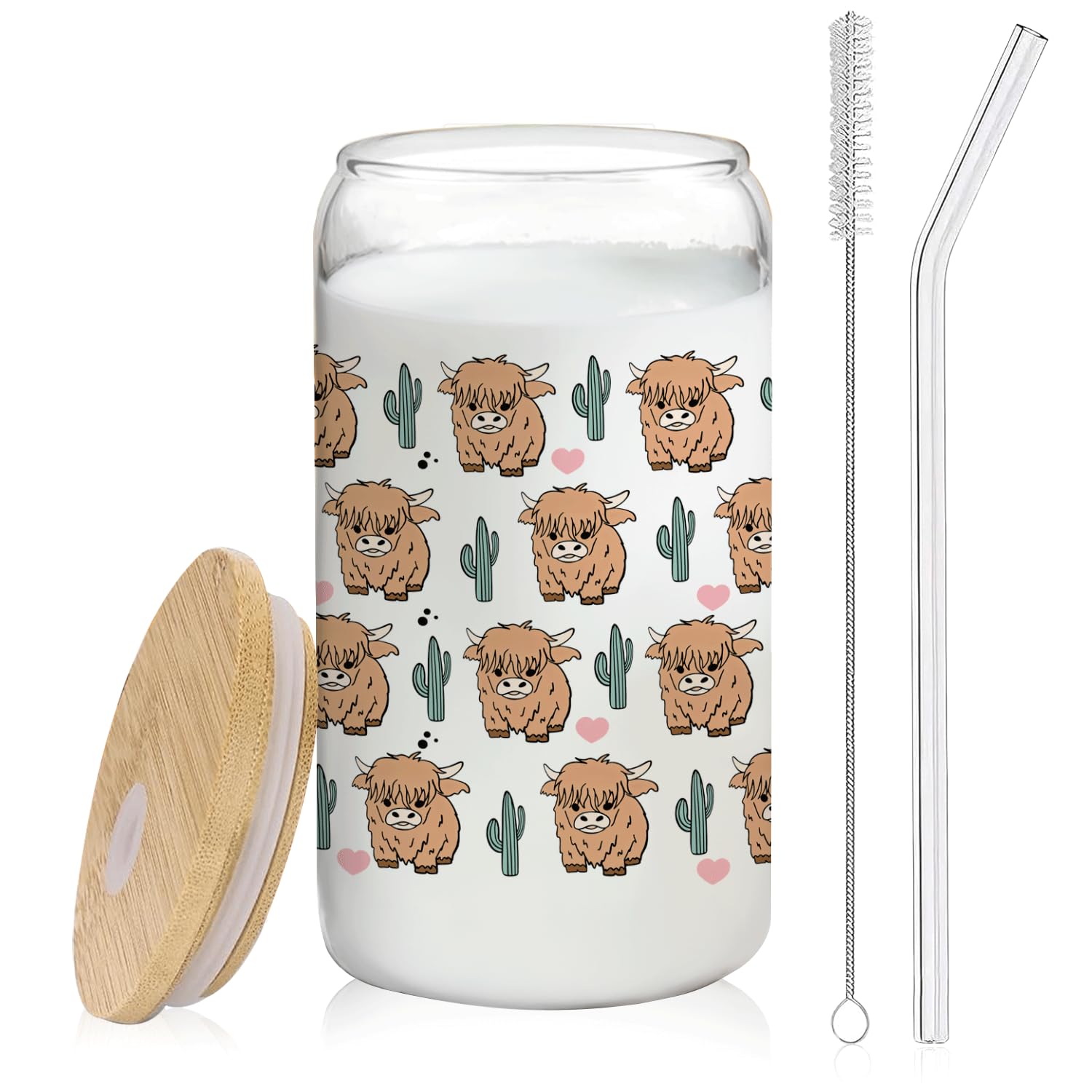BEHIFL Western Highland Cow Cactus Glass Cup with Lids and Straws 14oz, Highland Cow Gifts for Women, Western Heifer Glass Iced Coffee Tumbler