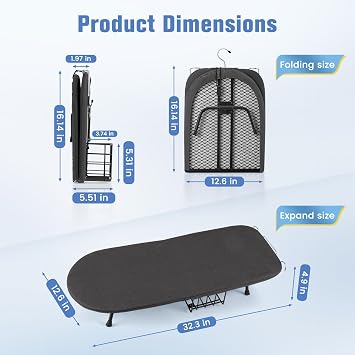 Tabletop Ironing Board, Foldable Small Ironing Board with Iron Holder Portable Mini Iron Board for Small Spaces Compact Table top Small Ironing Table for Dorms, Aprtment, RVs, Travel, 32x12
