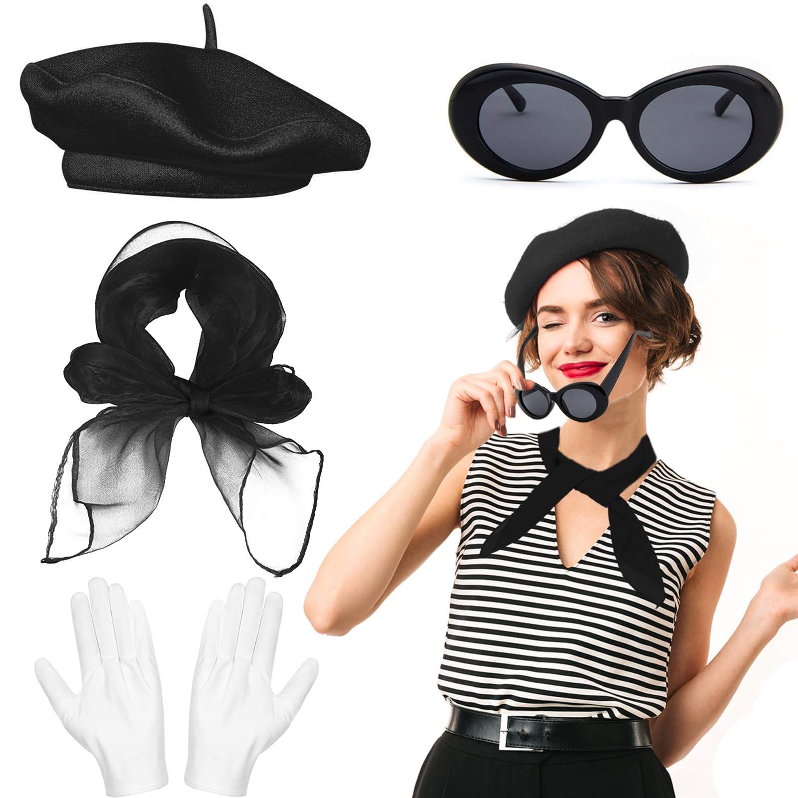 Beamely French Women's Accessories Set - Artist Mime Kit with Beret, Scarf, Sunglasses, Gloves for Girls Cosplay Party Supplies - Black
