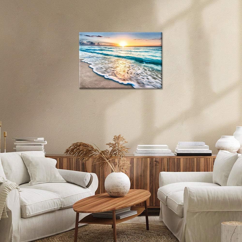 TUMOVO Wall Art for Living Room White Beach Canvas Art Wall Decor Blue Sea Sunset Pictures Print on Canvas Natural Landscape Painting Seascape Modern Artwork Stretched Framed Ready to Hang - 12" x 18" 12 in x 18 in (W x H) Blue,White