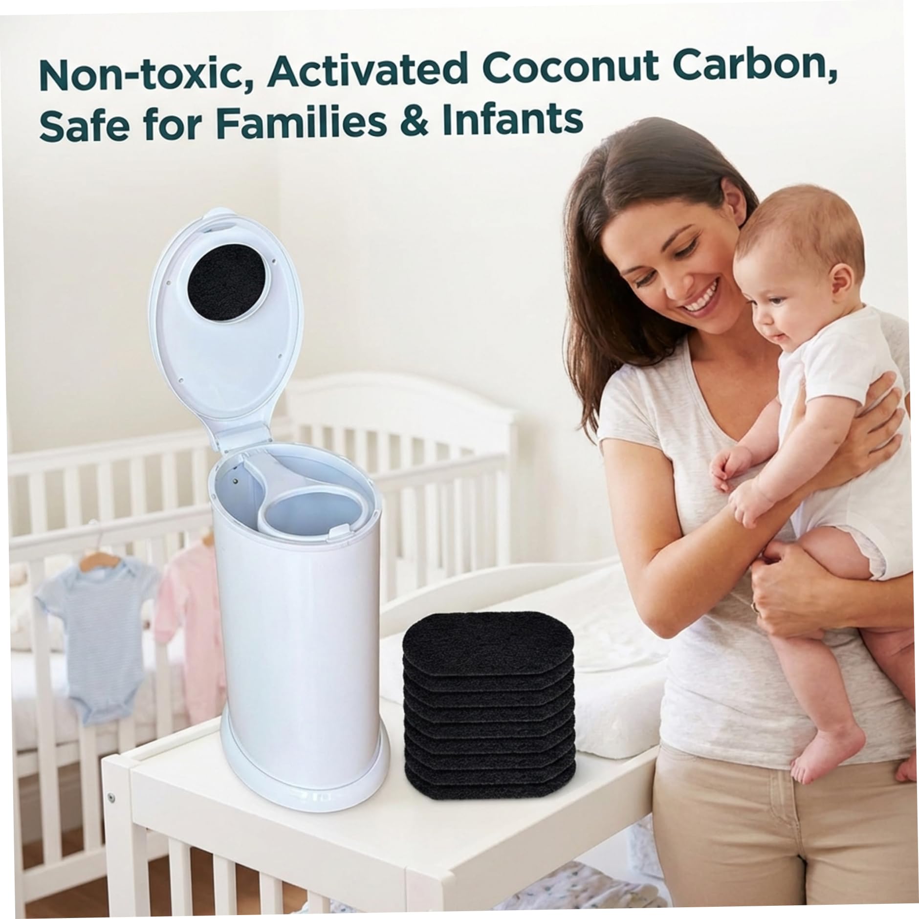 Désodorisant pour seau à couches 8 pièces, éliminateurs d'odeurs de seau à couches, filtres charbon actif absorbant les odeurs pour poubelle de bébé, éliminateurs pour