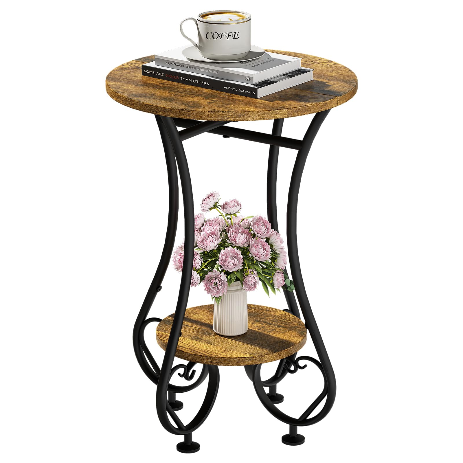 Side Table Small Round End Table with Lower Shelf for Small Spaces Round Bedside Nightstand Table with Metal