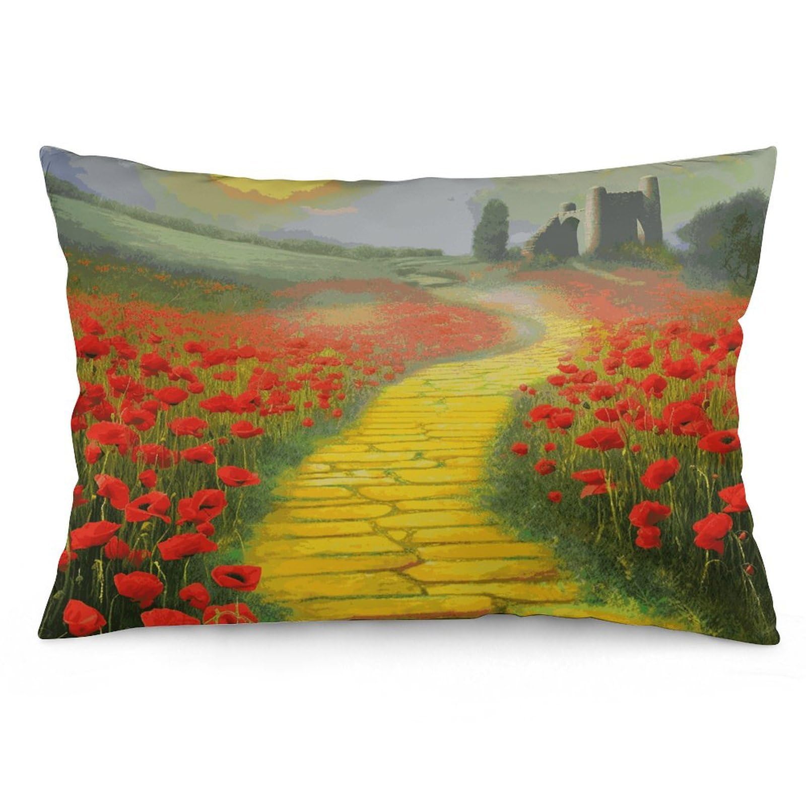 Poppies Field Yellow Brick Road Throw Pillow Cover Soft Lumbar Pillow Covers with Zipper Breathable Rectangular Cushion Case Polyester Pillow Case Decorative Body Pillow Cover for Couch Bed