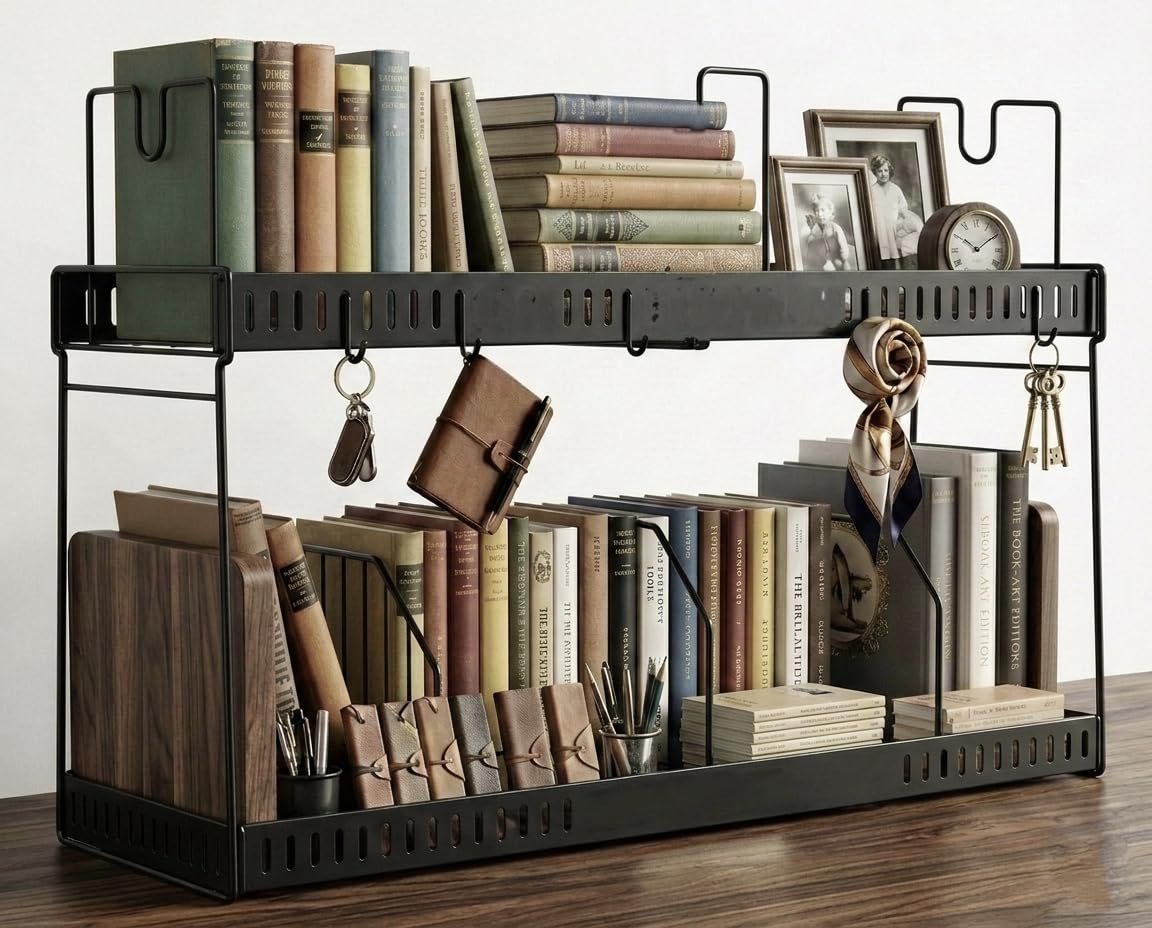 2 Tier Metal Bookshelf Organiser for Desk and Table, Black, Iron, with Hooks and Storage Compartments, Modern Style, for Home Office Study Room-image-47