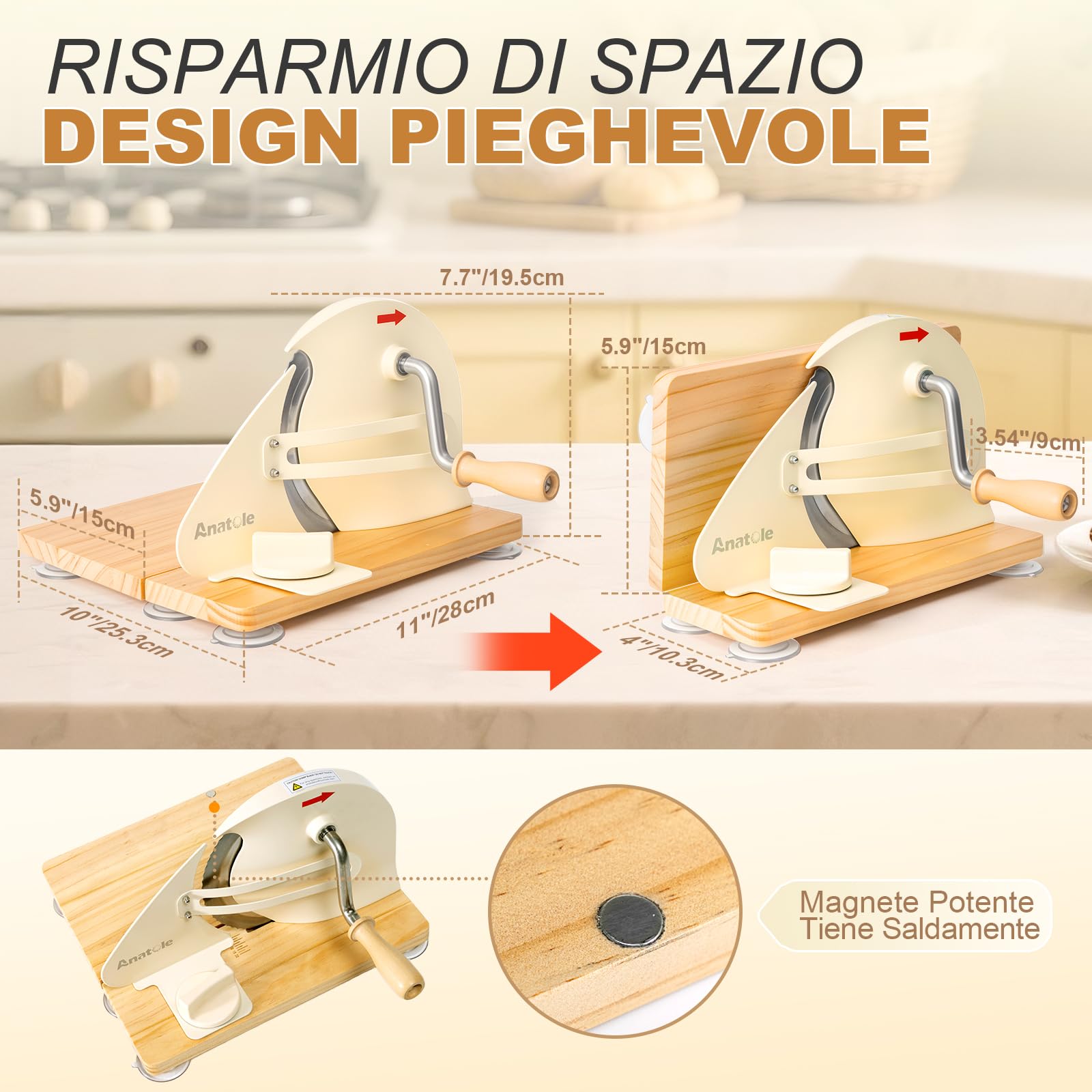 Anatole Affettatrice per Pane Manuale Pieghevole Acciaio Inox 0-20mm | Taglia Pane a Fette Professionale Piccola, 6 Ventose, Base&Manovella in Legno, Guida Metallica Rimovibile, per Toast Baguette