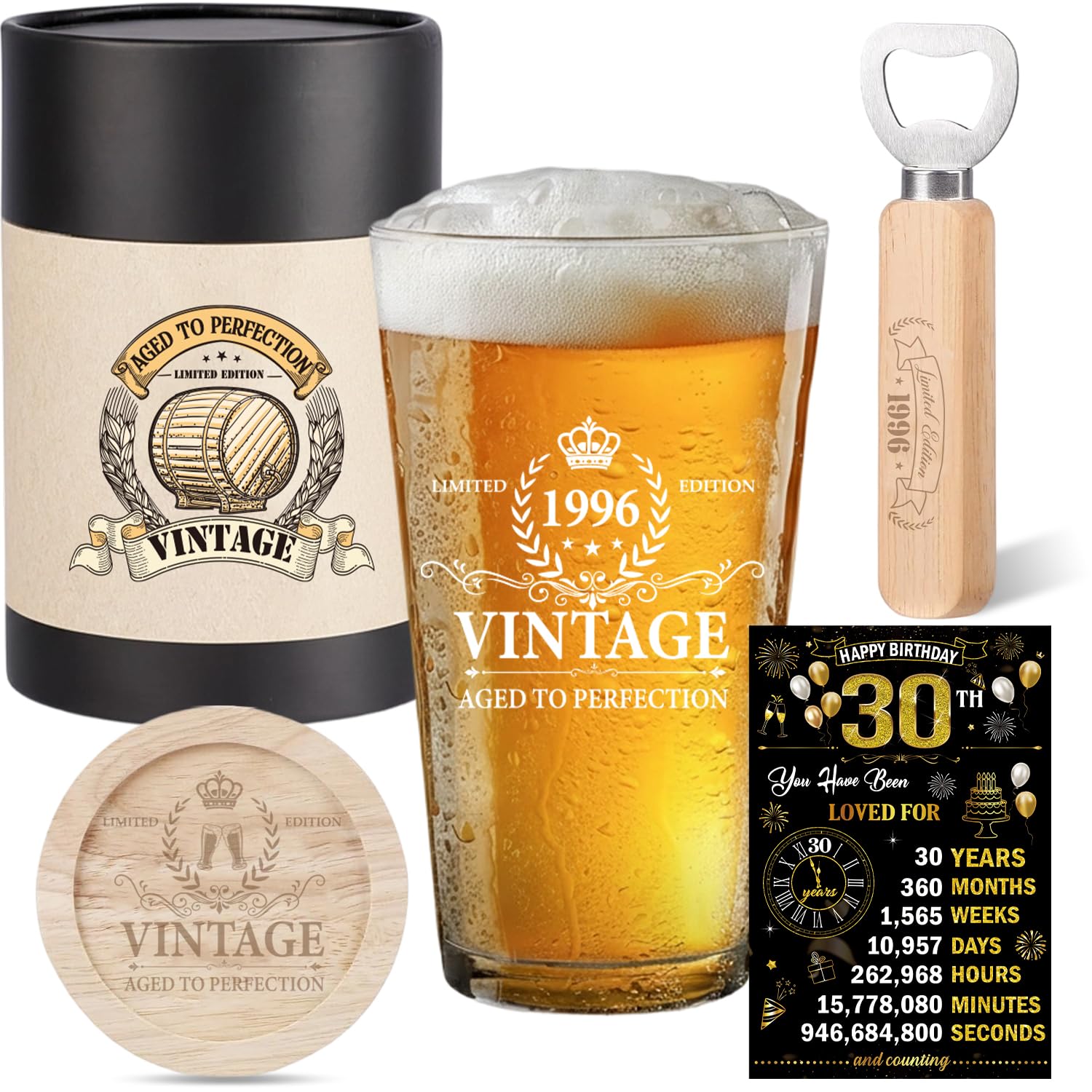 JoyAura 30th Birthday Gifts for Men - 1996 Born Vintage Beer Glasses Gifts Set with Bottle Opener, Wooden Coaster, Unusual 1996 Greeting Card and Gift Box for Mens Husband Dad Brother Colleague