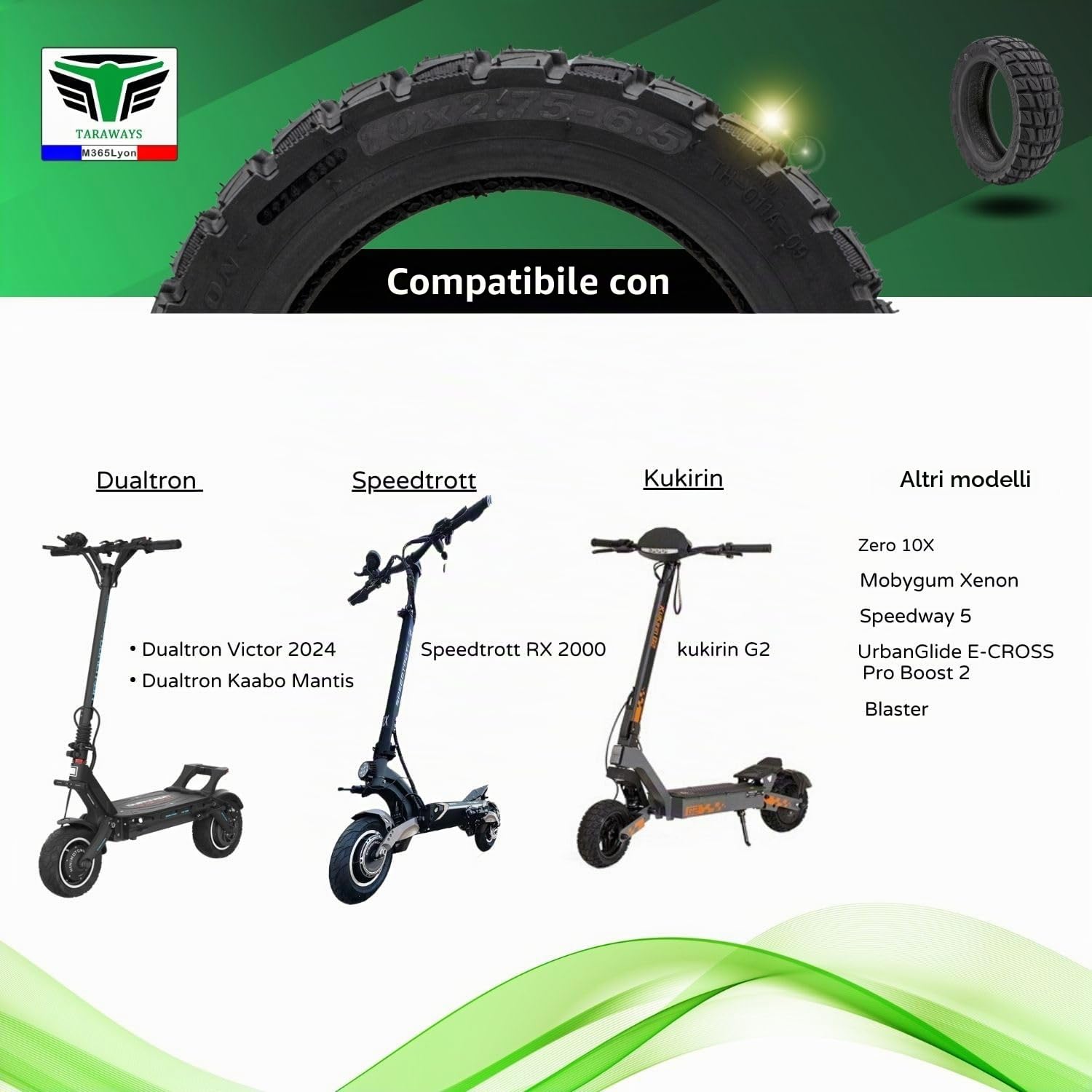 [M365Lyon] Pneumatico Tubeless 10 x 2,75-6,5 pollici per monopattino elettrico UrbanGlide E-CROSS 2 x 2 All Road 5, E-CROSSE MAX, Speedway 5 - Rockway - Crossover - Dualtron 3, Kukirin G2 (1xTire)