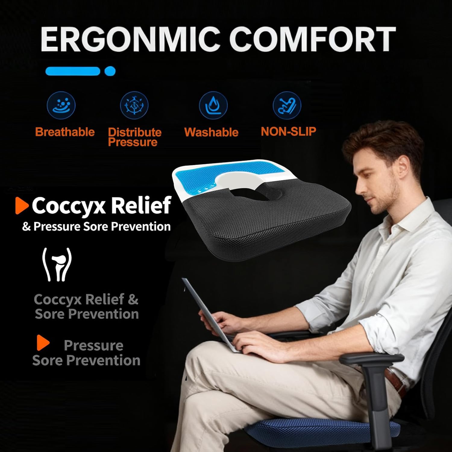 Donut Pillow for Tailbone Pain&Hemorrhoid,Wheelchair Seat Cushion for Tailbone Pain Relief,Gel Cushions for Pressure Relief,Memory Foam Pad for Office Chair,Stands&Postpartum Pregnancy(Black)