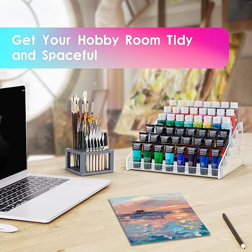 Miniatura 6 de ARFETIGO Organizador de pintura acrílica de 6 capas y soporte para pinceles de pintura, diseño a presión, fácil montaje, estante protector de