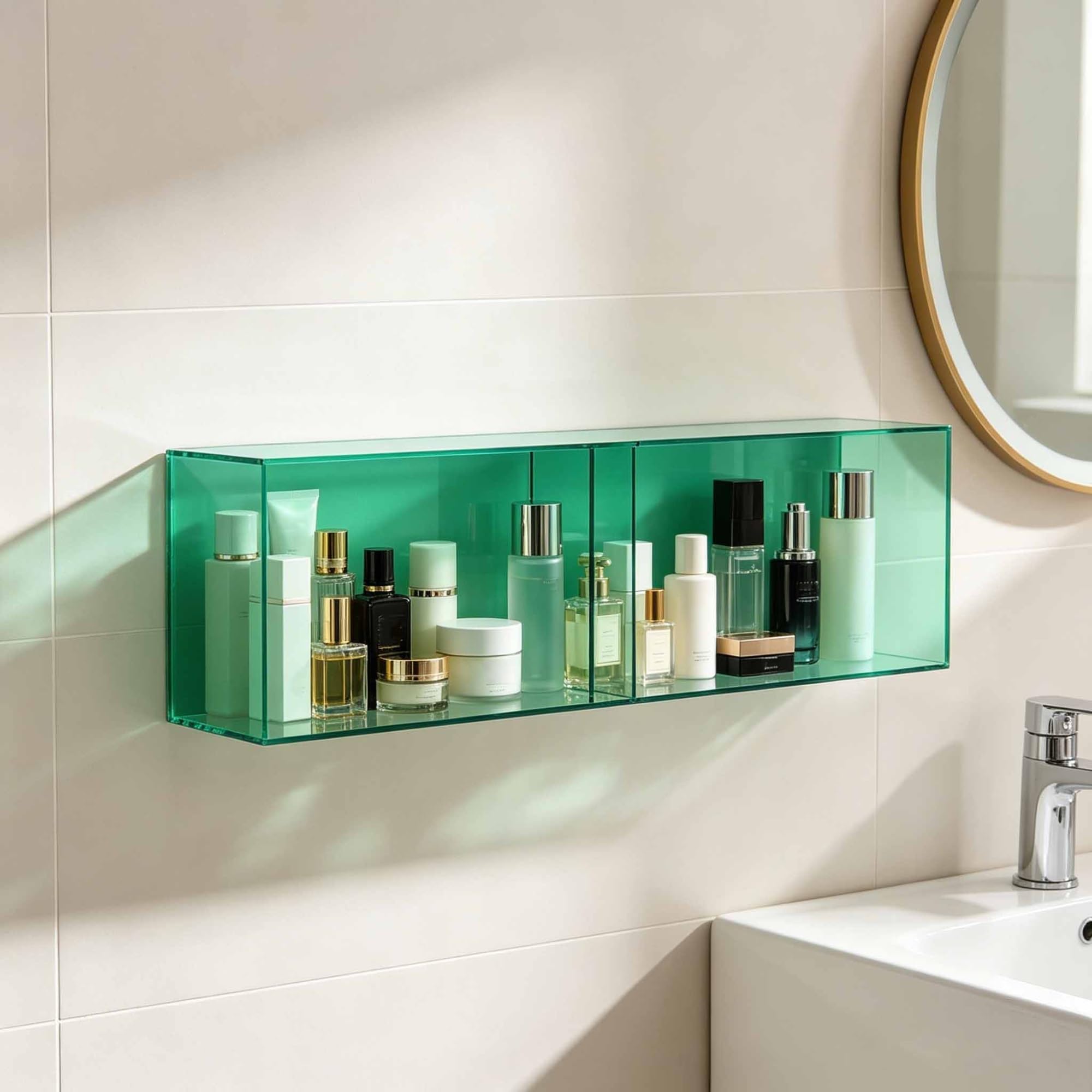 Dalumian Acrylic Invisible Floating Shelves, Space-Saving Eyeglass Organizer, Wall Mounted Bookshelf, Adhesive Hanging Nail Polish Shelf for Waiting Room, Office, Home(Green)