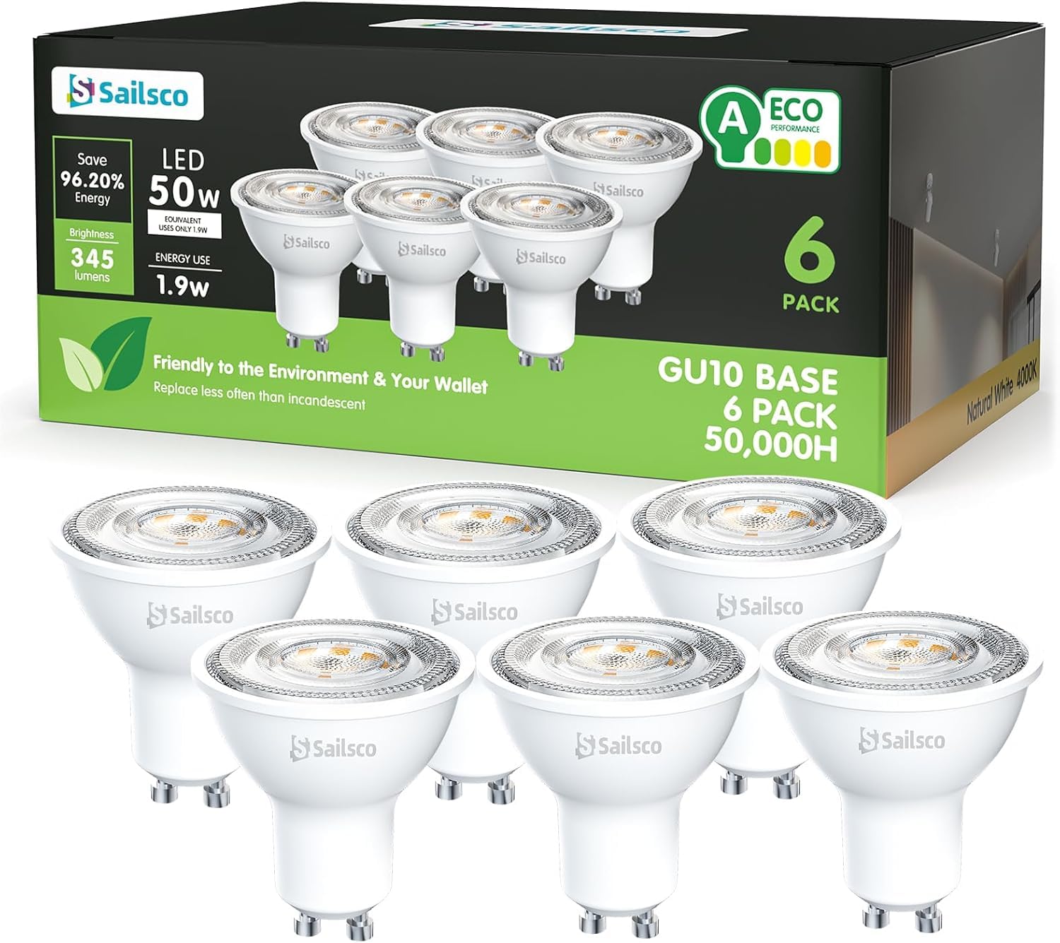 Sailsco Class A GU10 LED Bulbs Neutral White 4000K 1.9W 345lm,Energy Saving GU10 Spotlight Bulbs,50W Incandescent Spot Light Bulbs Equivalent,No Flickering,Non-Dimmable,6 Pack