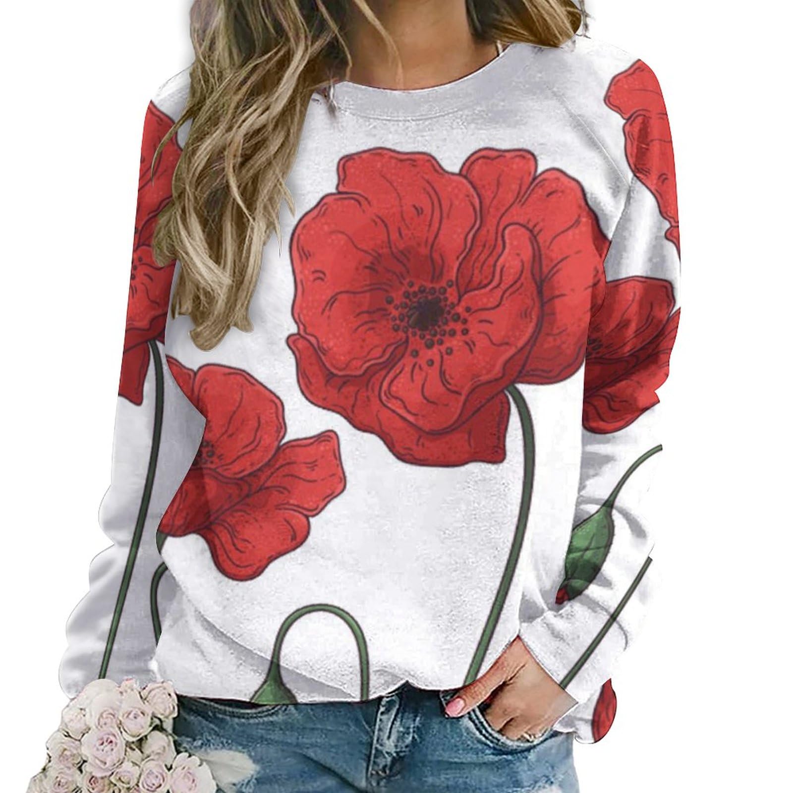 Qjjinxior Women's Poppy Flowers Casual Jumper, Sweatshirts For Crewneck Long Sleeve Top