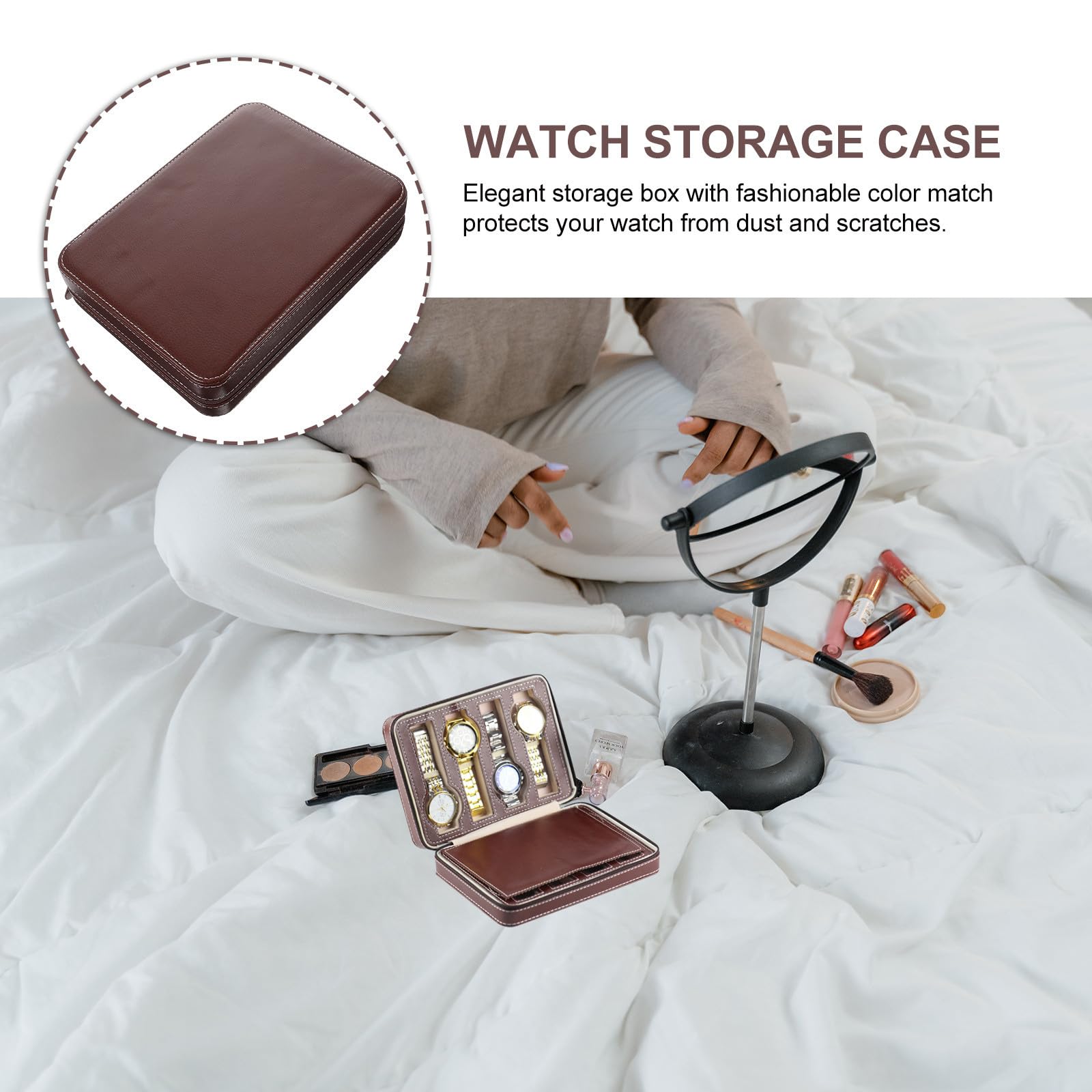 SHERCHPRY Bolsa de Almacenamiento Portátil para Relojes 8 Ranuras Separadas, Diseño Elegante de Cuero y Tela para Viaje y Uso en Casa