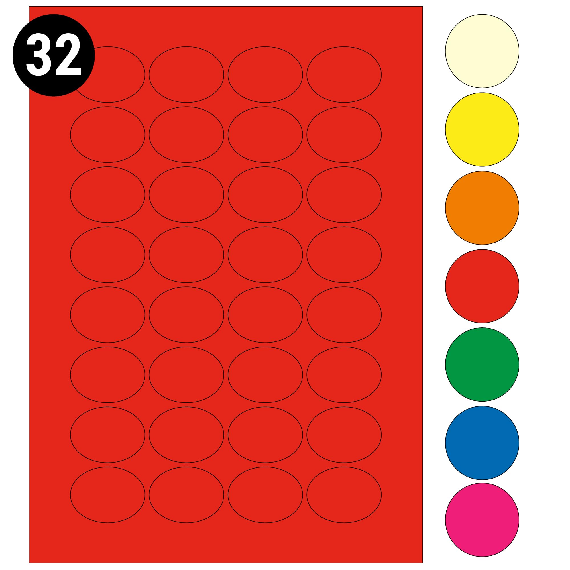 L&B Colour Range - Oval Labels – 3 Sizes & 7 Vibrant Colors – A4 Sheet – Compatible with Laser & Inkjet Printers (Red, 32 Labels Per Sheet - 100 Sheets)