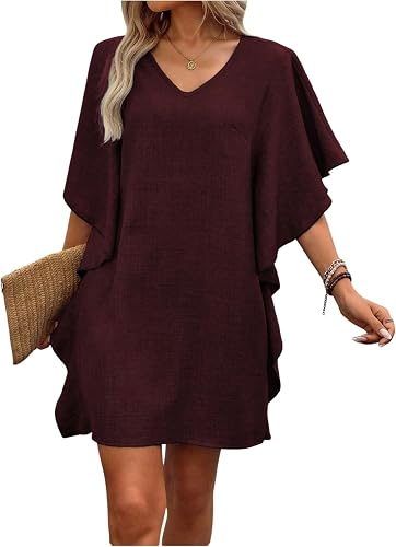 SOLY HUX Women's Summer Dress Ruffle V Neck Short Sleeve Tunic Loose Flowy Short
