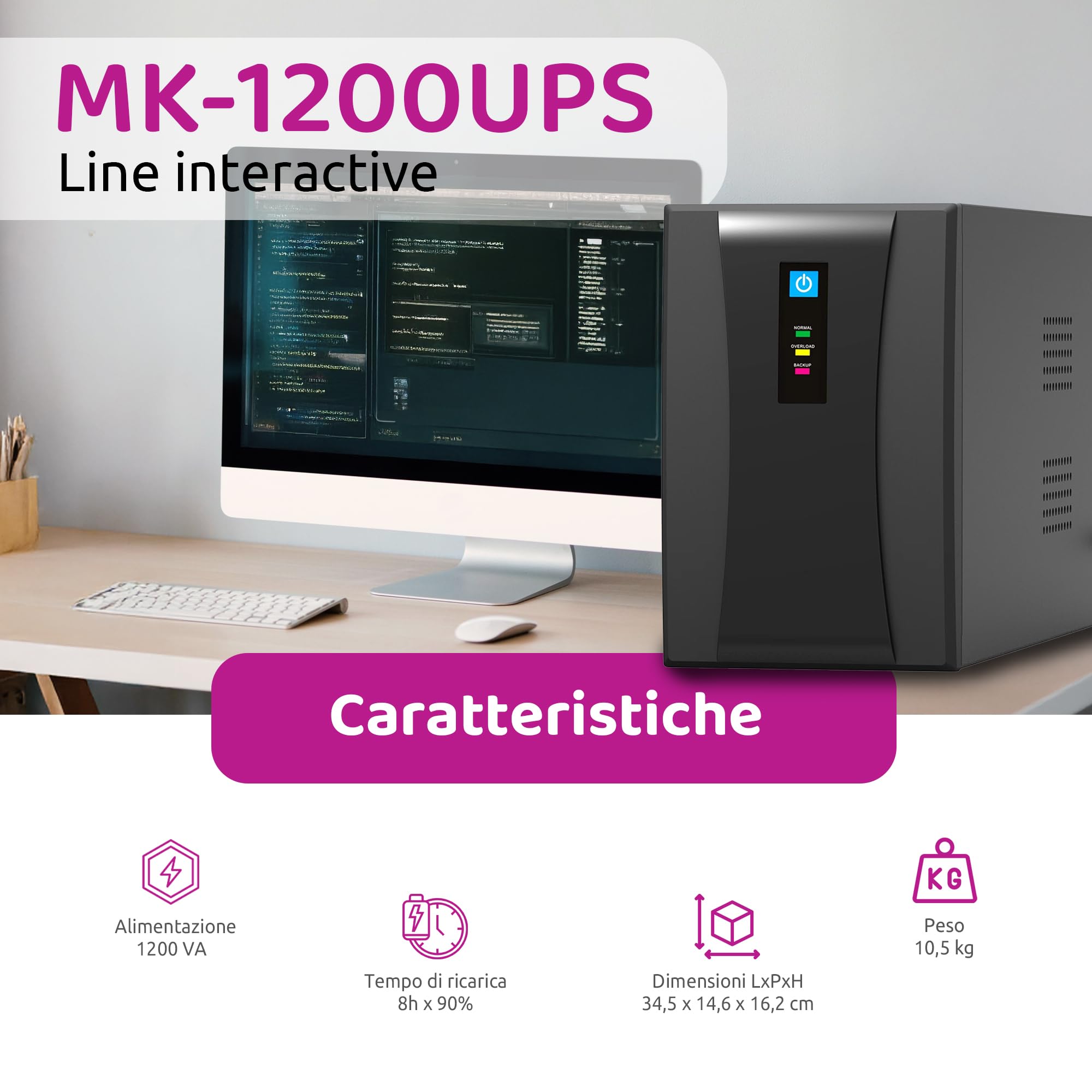 Melchioni MK UPS 1200VA Line Interactive, 2 Batterie 12V, Prese Schuko