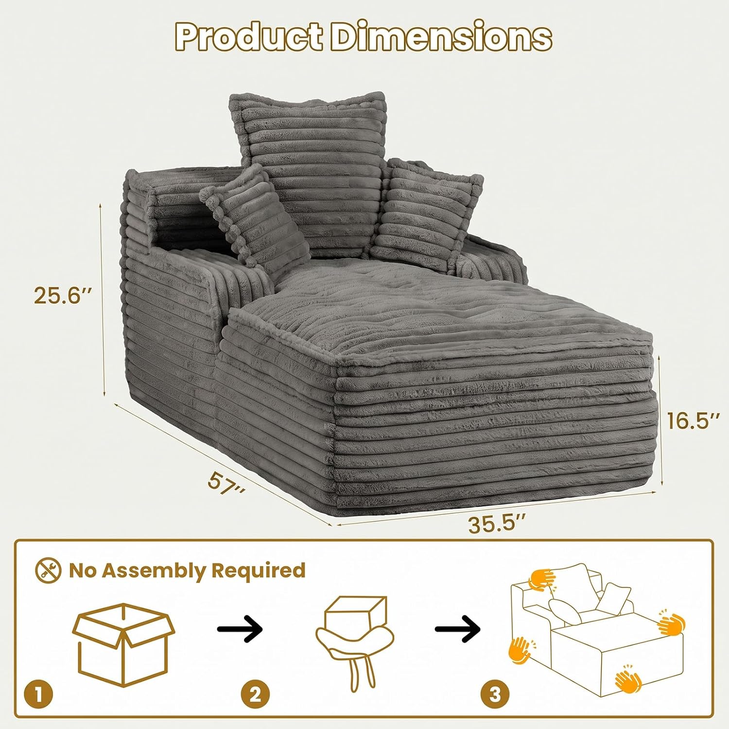 57 Inch Chaise Lounge Chair Indoor, Corduroy Upholstered Boneless Sofa Bed, Deep Seat Sleeper Couch Reading Chairs, Small Comfy Cloud Sofas Couches for Living Room, Bedroom, Grey image 2